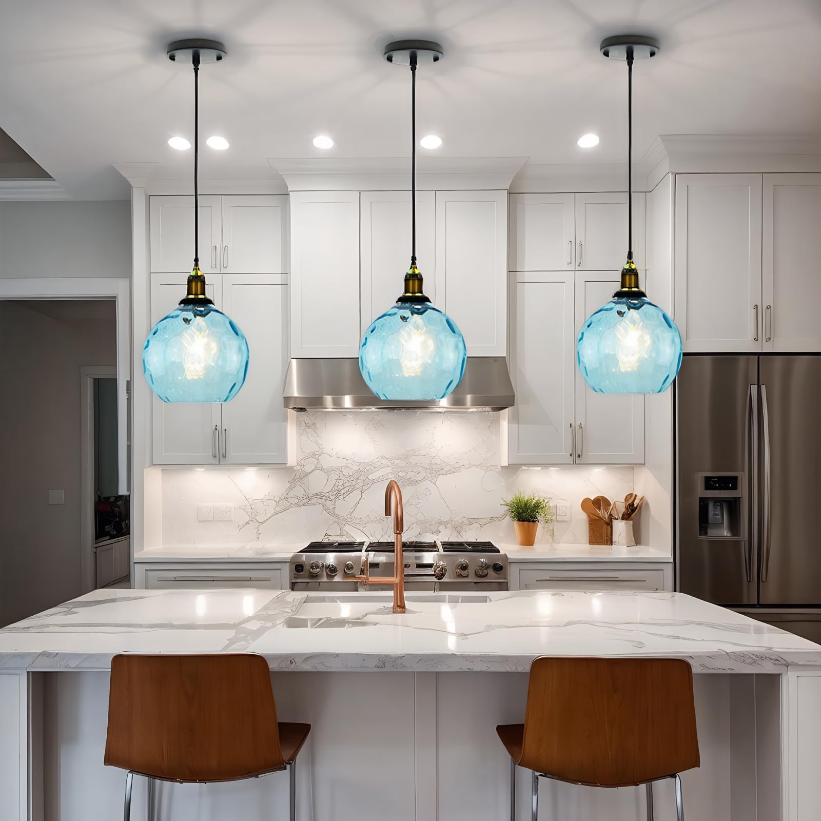 EKSED Lampadario a Sospensione Sferico in Vetro Ondulato - Lampada a Sospensione con Paralume in Ottone per Isola Cucina e Sala da Pranzo