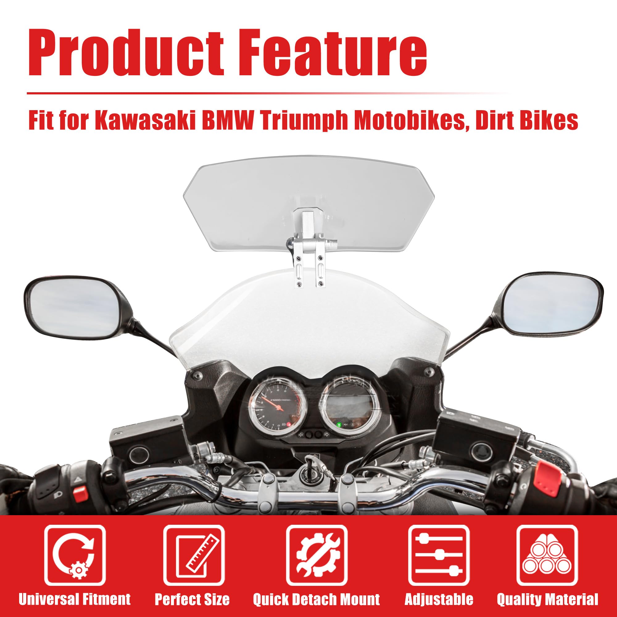 Goldfire Déflecteur d'air universel réglable pour pare-brise de moto Kawasaki BMW Benelli KTM Triumph Noir