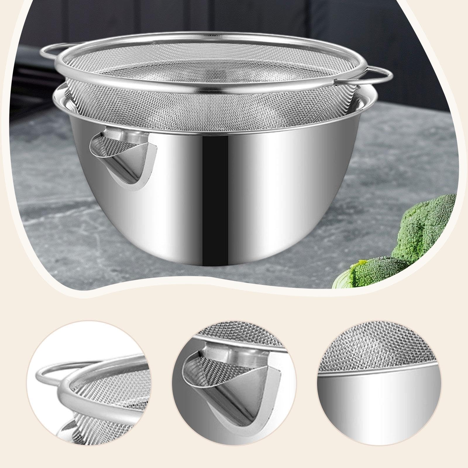Fenteer 2 Piezas Colador de Cocina Y Cuenco para Mezclar Cesta Escurridora Y Lavador de Granos de Acero 304 con Agujeros Finos Adecuado para Lavar