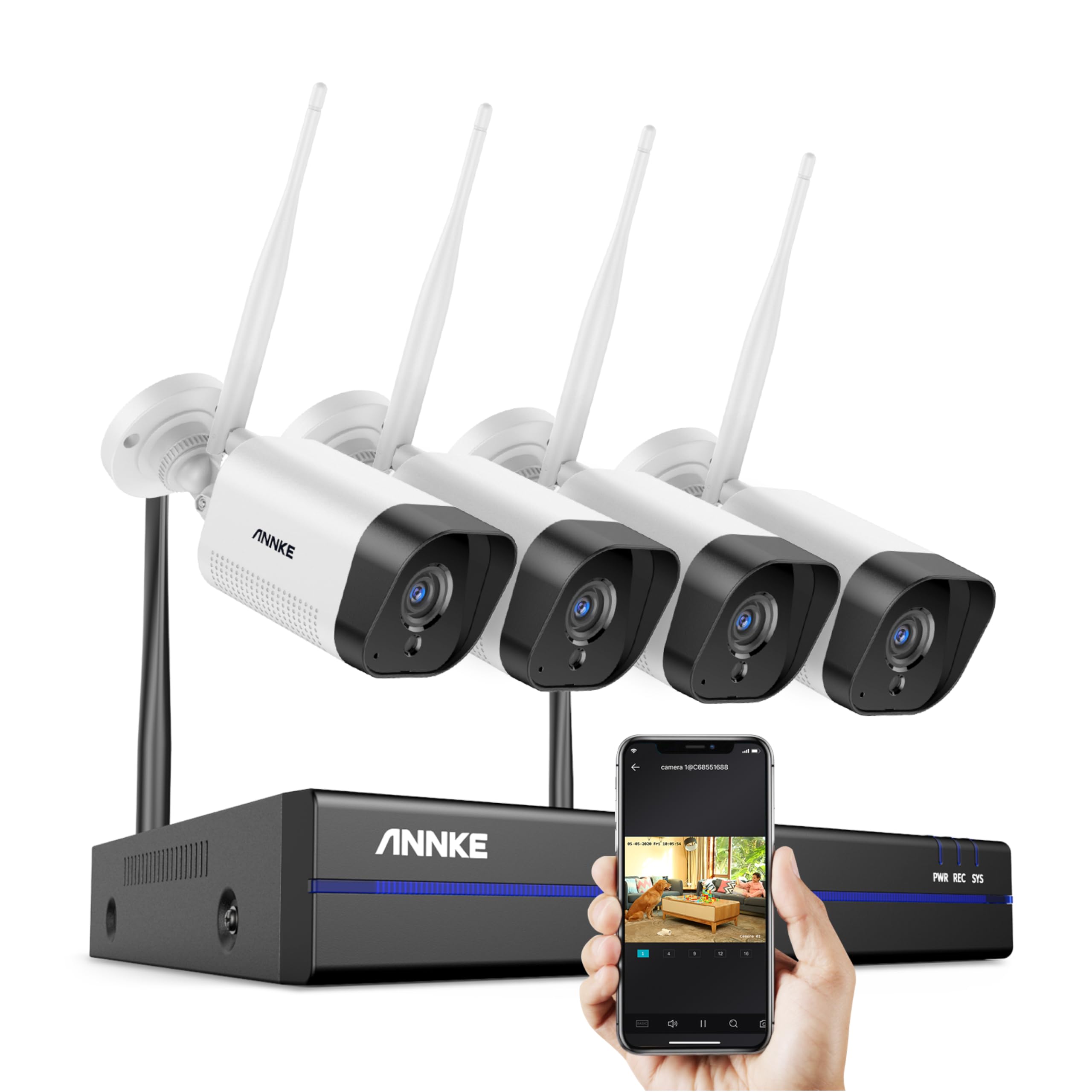 ANNKE Kit Videosorveglianza WiFi 3MP, NVR 10CH 5MP e 4 Telecamere Wireless, Supporta Visione Notturna IR, Audio a 2 Vie, Rilevamento di Persone/Veicoli,Compatibile con Alexa，NO HDD