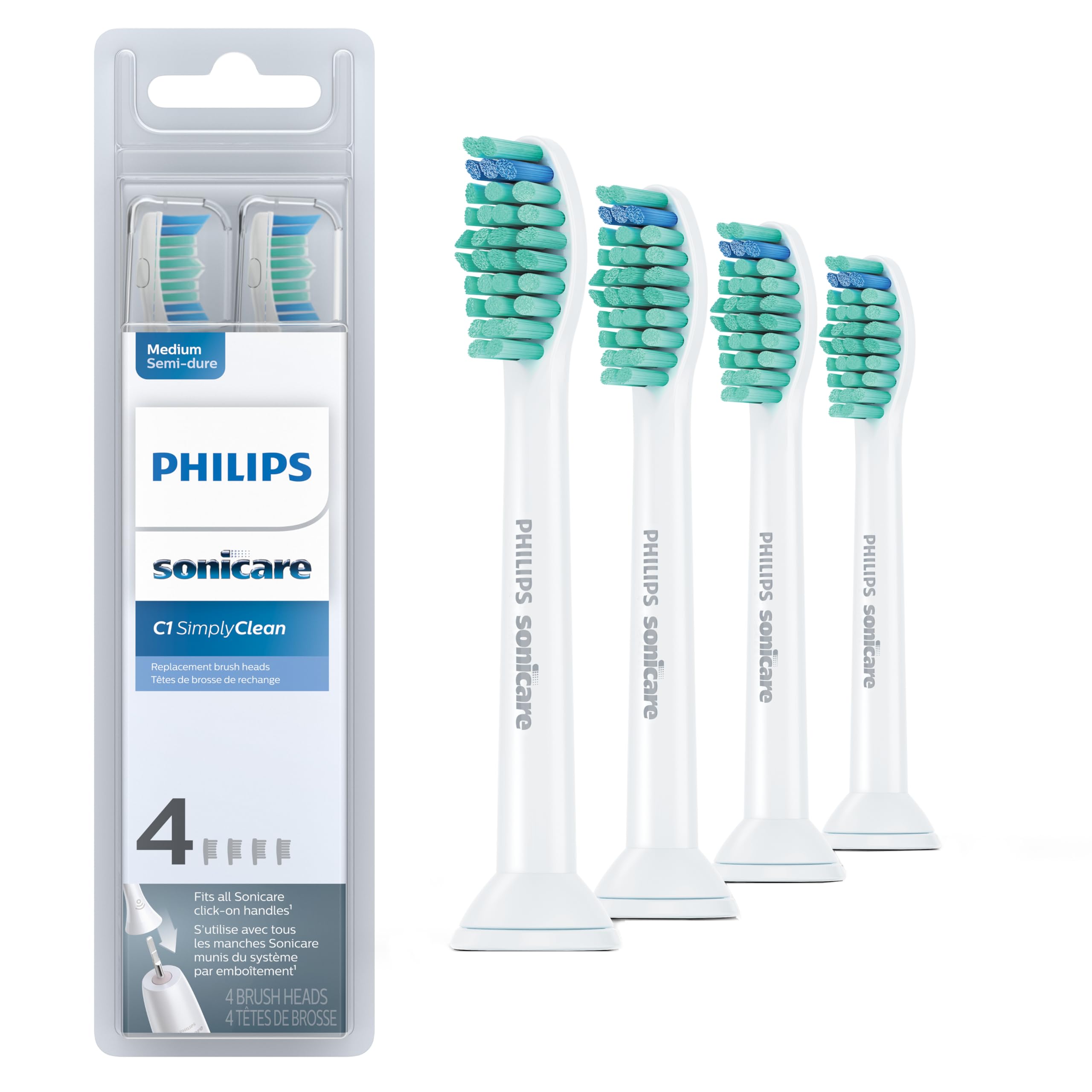 SONICARE Philips SimplyClean (C1) Replacement Toothbrush Heads, 4 Pack, HX6014/65
