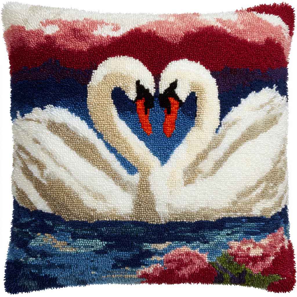 Taxpy Latch Hook Kits, Animal swan Pillow DIY Rug Crochet Hook Cushion Making Kits with Preprinted Pattern Canvas DIY Handmade Sofa Cushion Kit 43x43cm