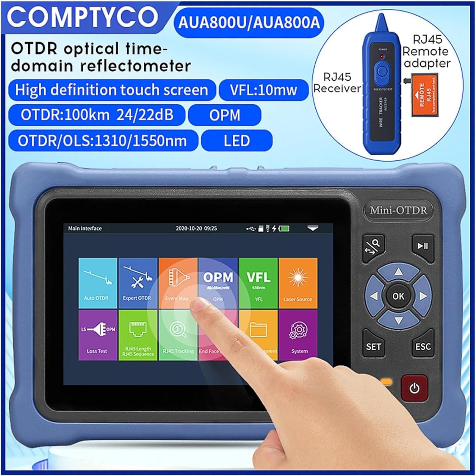 Probador de Cable de Fibra óptica Mini Otdr 1310/1550nm 26/24db Reflectómetro de Fibra óptica, Kit de sonda de inspección de Fibra óptica, Pantalla táctil VFL Ols Opm Evento