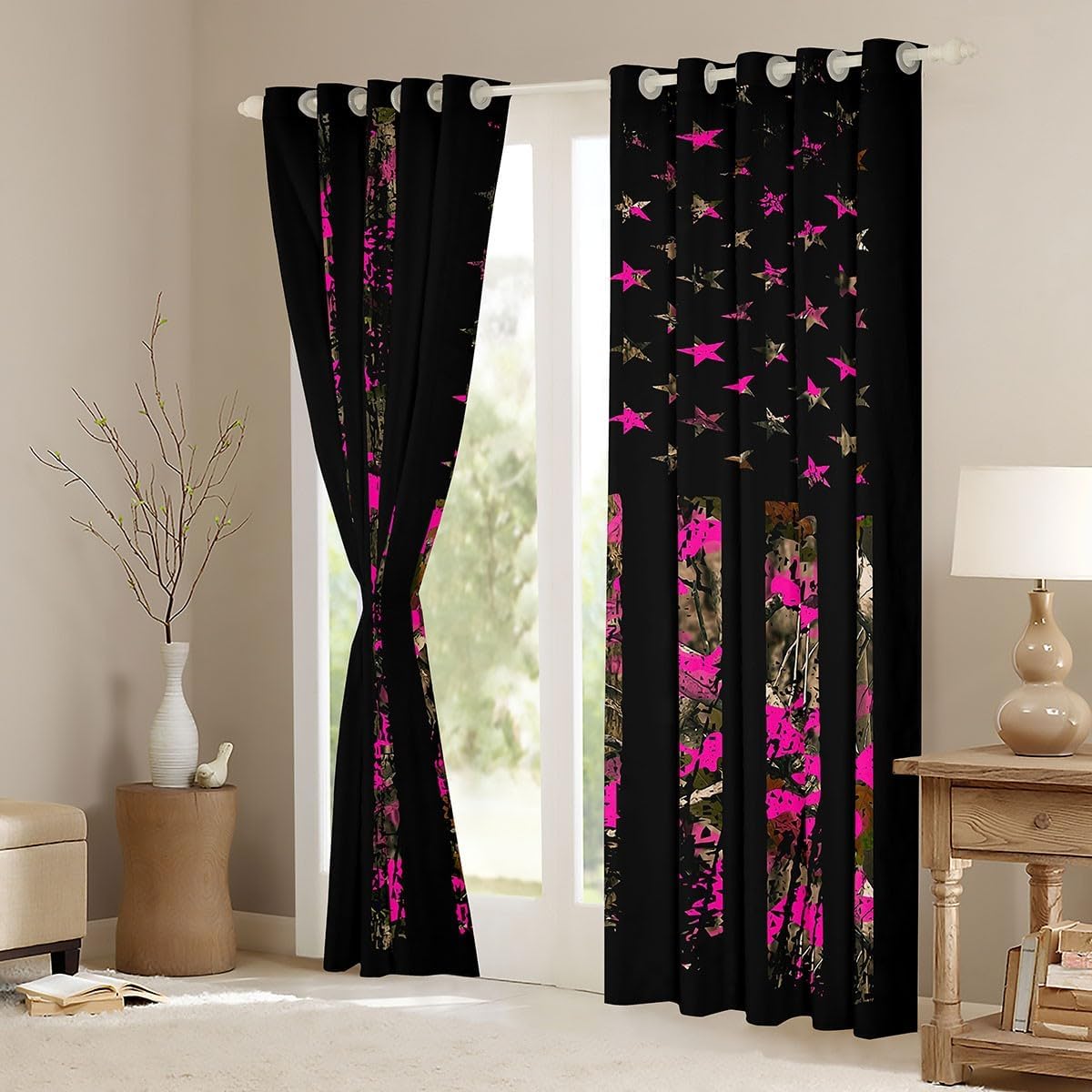 Feelyou Hot Pink Camouflage Room Darkening Blackout Curtain (2 Panels, 42 x 63 Inch) Camo Wild Curtains for Bedroom Living Room Women Men Wild Hunting Blackout Curtains Military Style