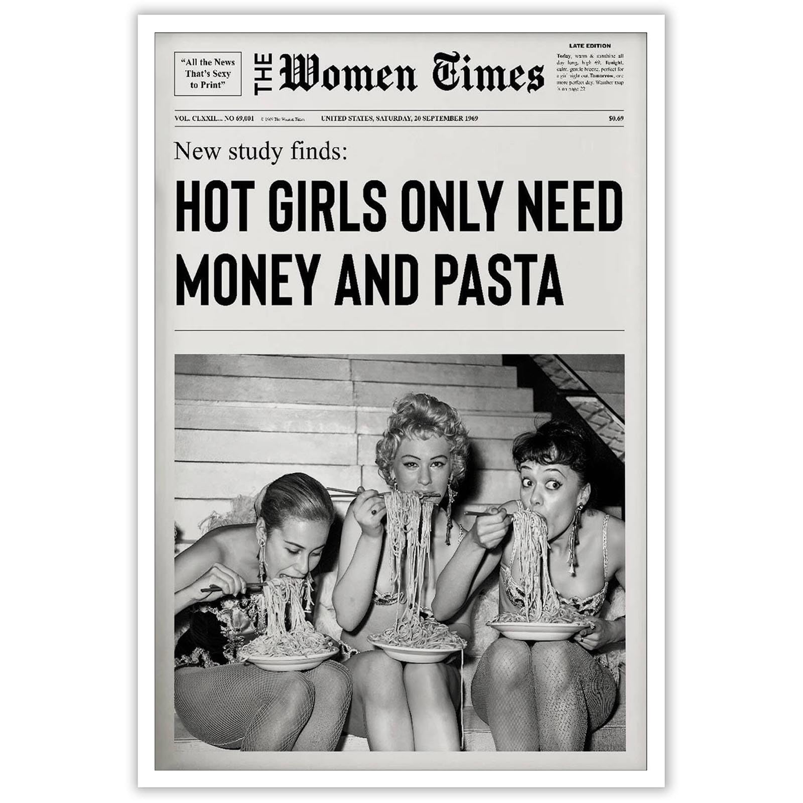 Dcvjiy Girls White Jjj Vintage Newspaper Unframed Print Poster， Dorm Room Wall Art，Women Eating Pasta Canvas Art Room Aesthetics，Trendy Funky Italian Kitchen Wall Decor 16X24in