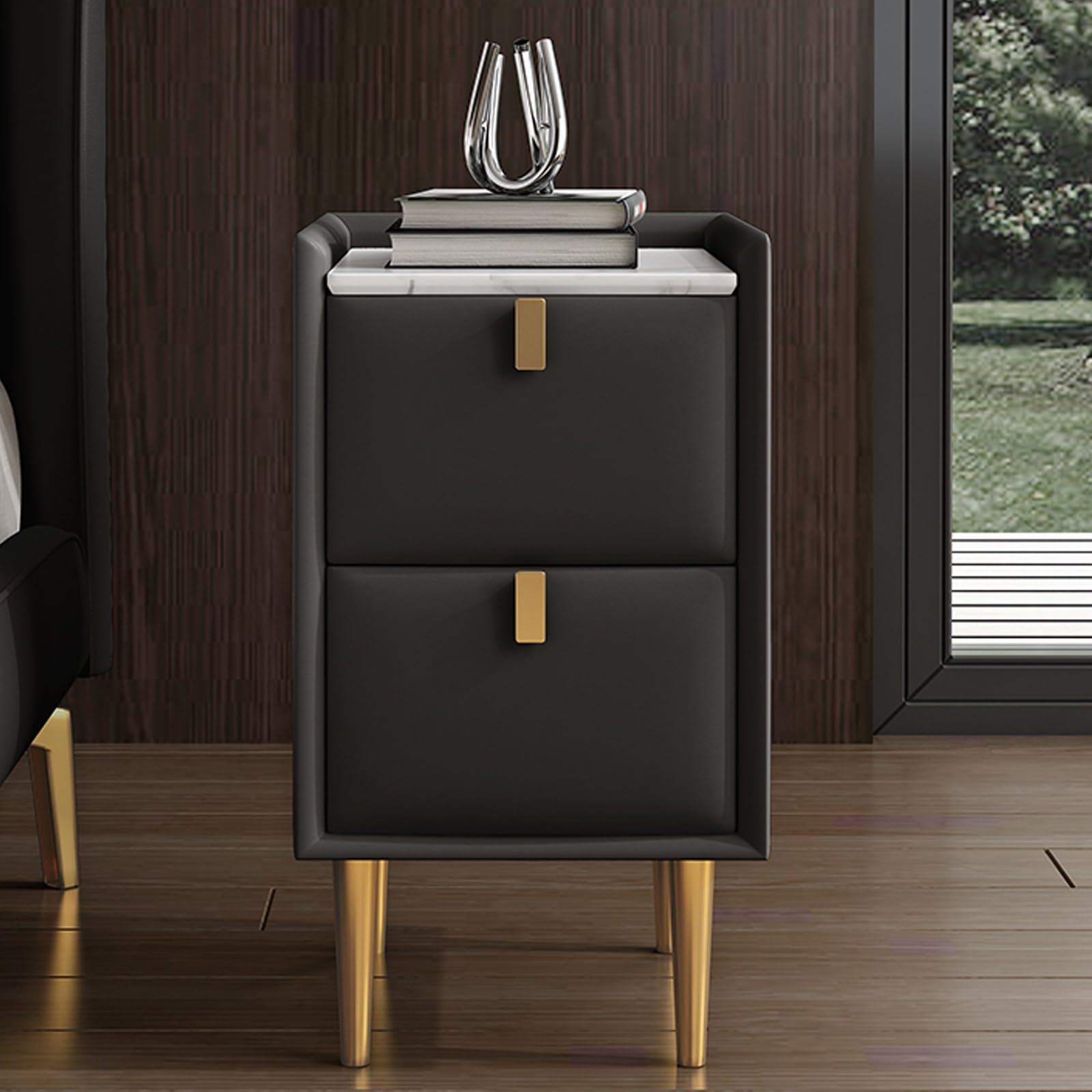 Narrow Bedside Table, Small Space with 2 Drawer, Solid Wood Side Table for Bedroom, Living Room, Dorm(Black,25cm/9.8in)