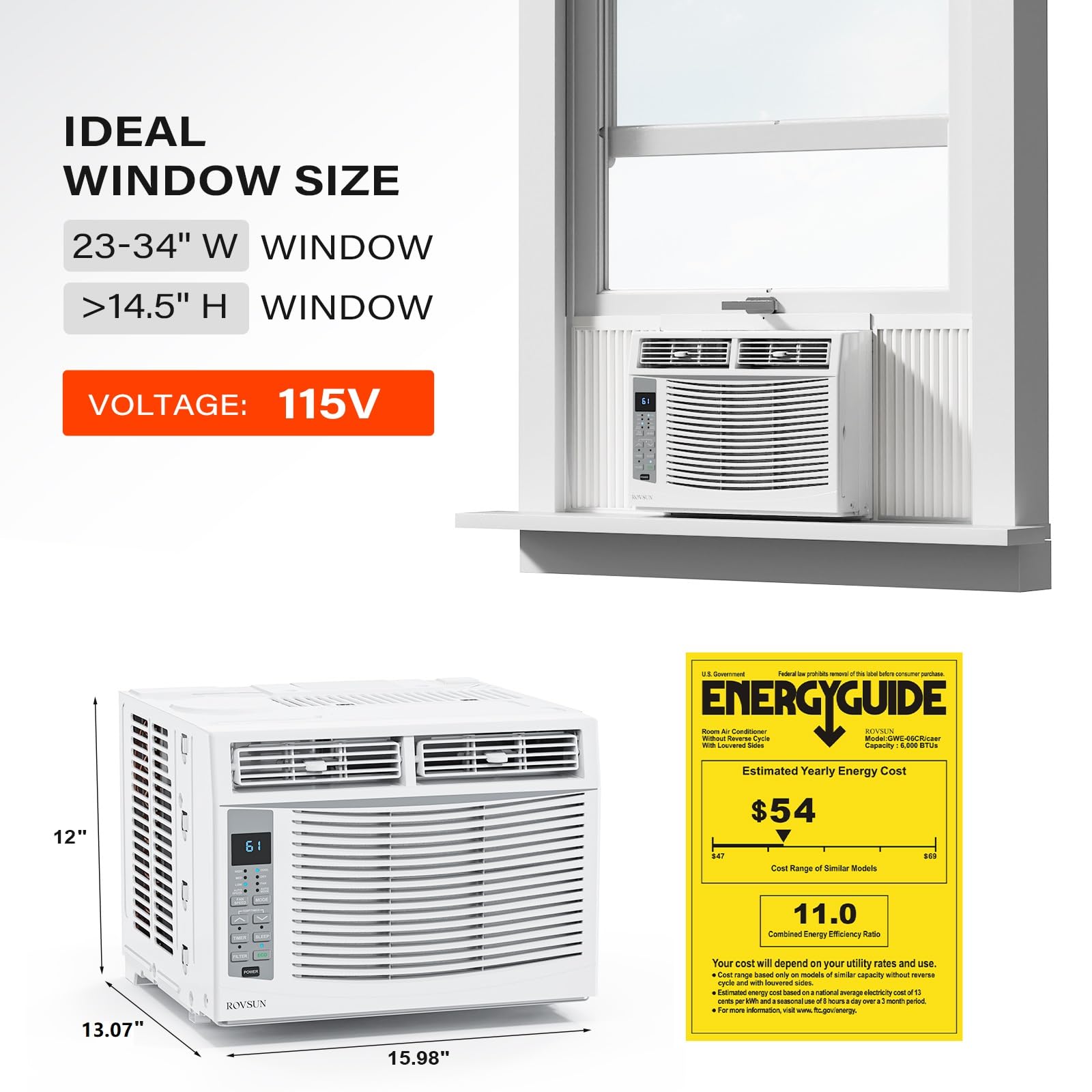 ROVSUN Aire acondicionado para ventanas, 6000 BTU, control remoto y temporizador, ideal para habitaciones de hasta 250 metros cuadrados, 110 V/60 Hz, blanco