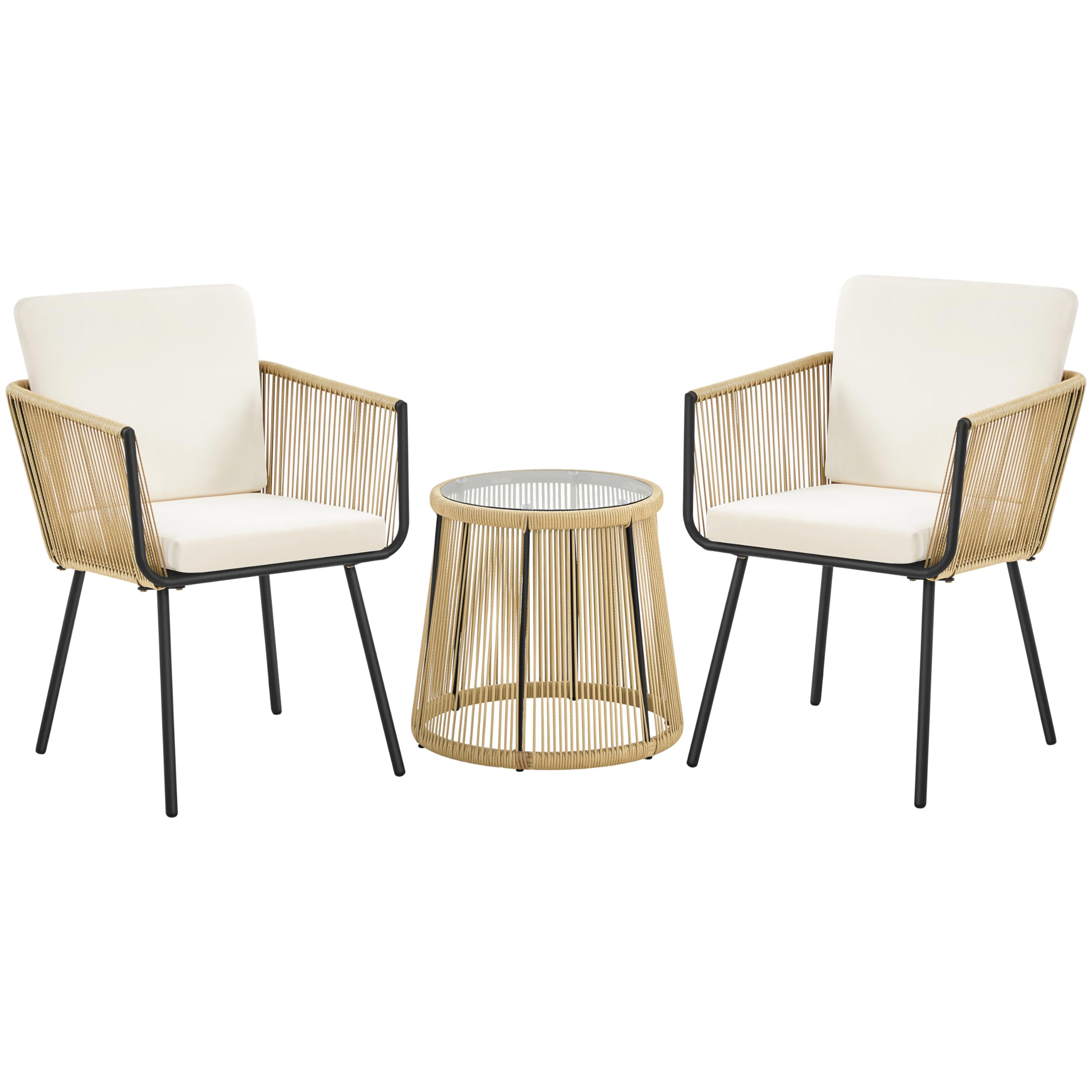 Yaheetech 3TLG. Rattan Balkonset, Gartenmöbel Set inkl. 2 Stühle mit 6cm Dick Sitz- und Rückenkissen & 1 Tisch mit 5mm Dick Hartglasplatte, Gartensitzgruppe für Balkon Outdoor, Hellbraun/Cremeweiß