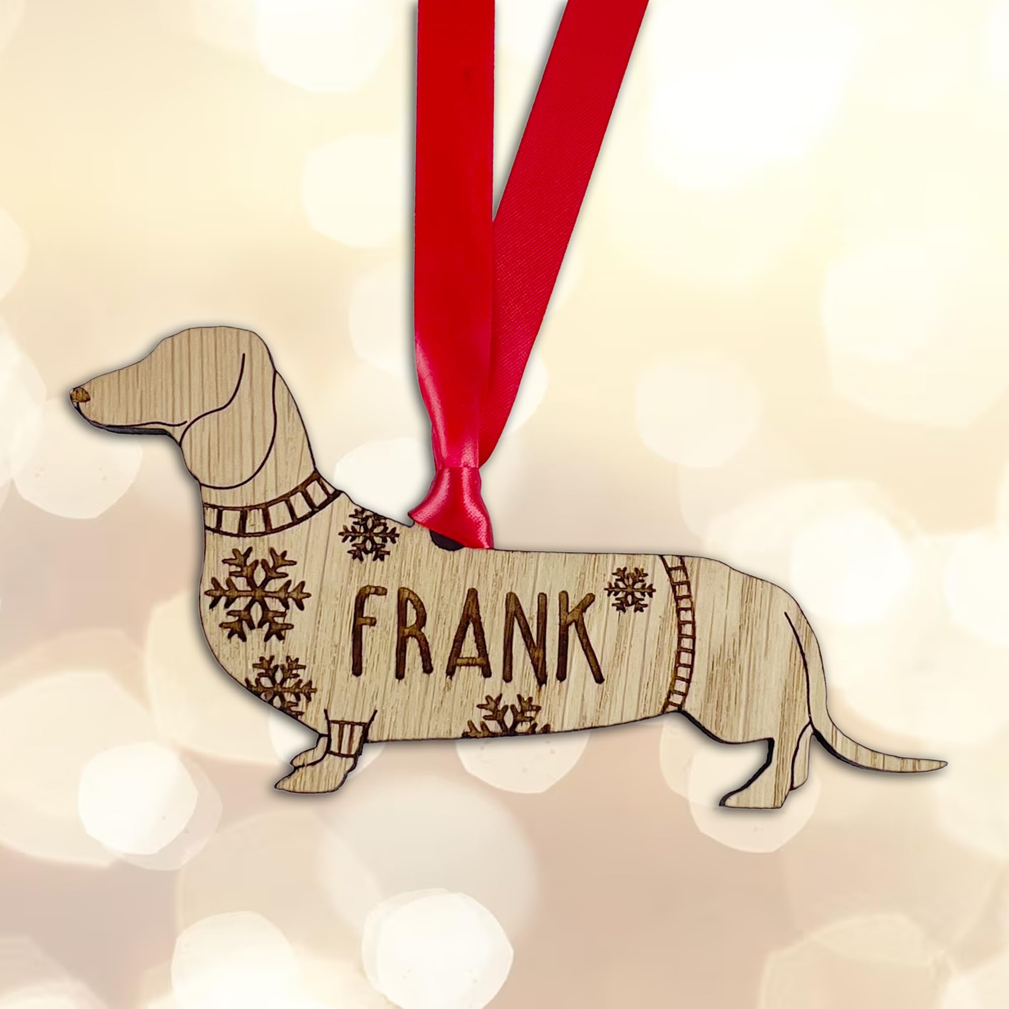 Personalised Dachshund Dog Christmas Tree Bauble Decoration, Wearing a Dog Jumper Design with Snowflakes, Customised Puppy Hanging Ornament, Oak Veneer Wood with Red Ribbon
