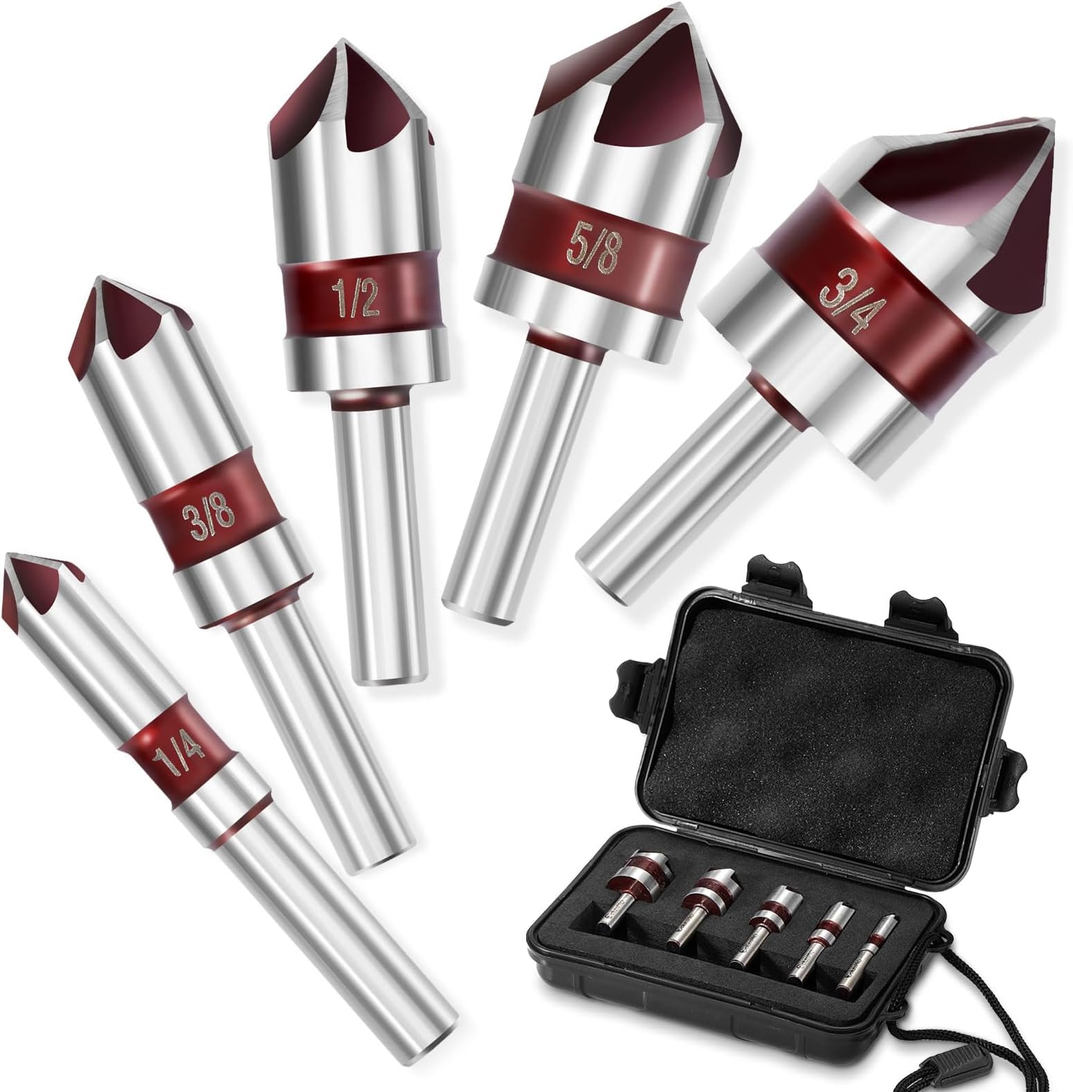 5PCS Cobalt 5-Flute Countersink Drill Bit Set - Heavy-Duty M35 82-Degree Countersink Chamfer Tool Set for Metal,Stainless Steel,Copper,Wood,Fiberboard,Plastic,SAE 3/4”,5/8”,1/2”3/8”,1/4”