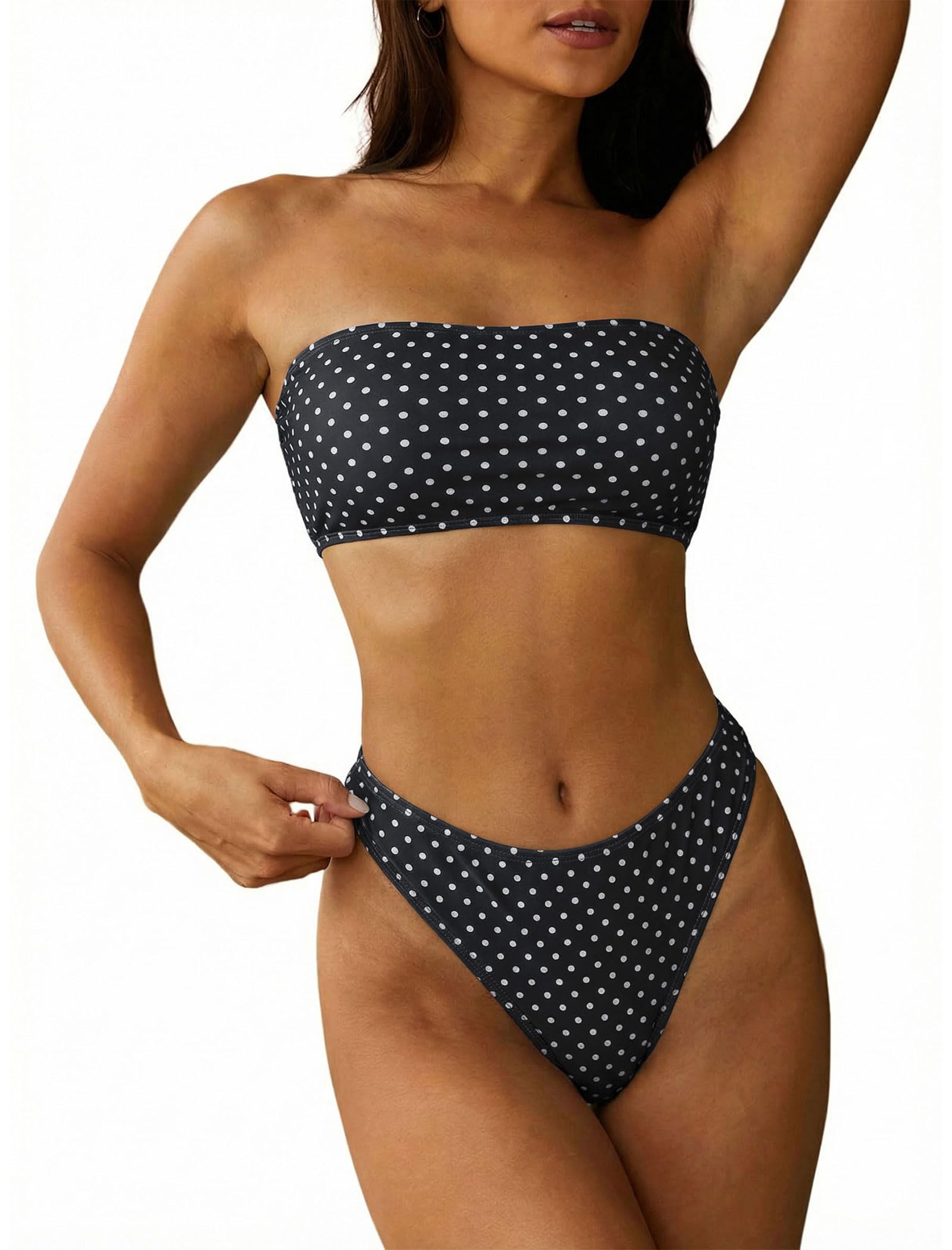 ZAFUL Women Strapless Textured Bandeau Bikini 2 Piece Swimwear Cheeky Solid Lace up Bathing Suits