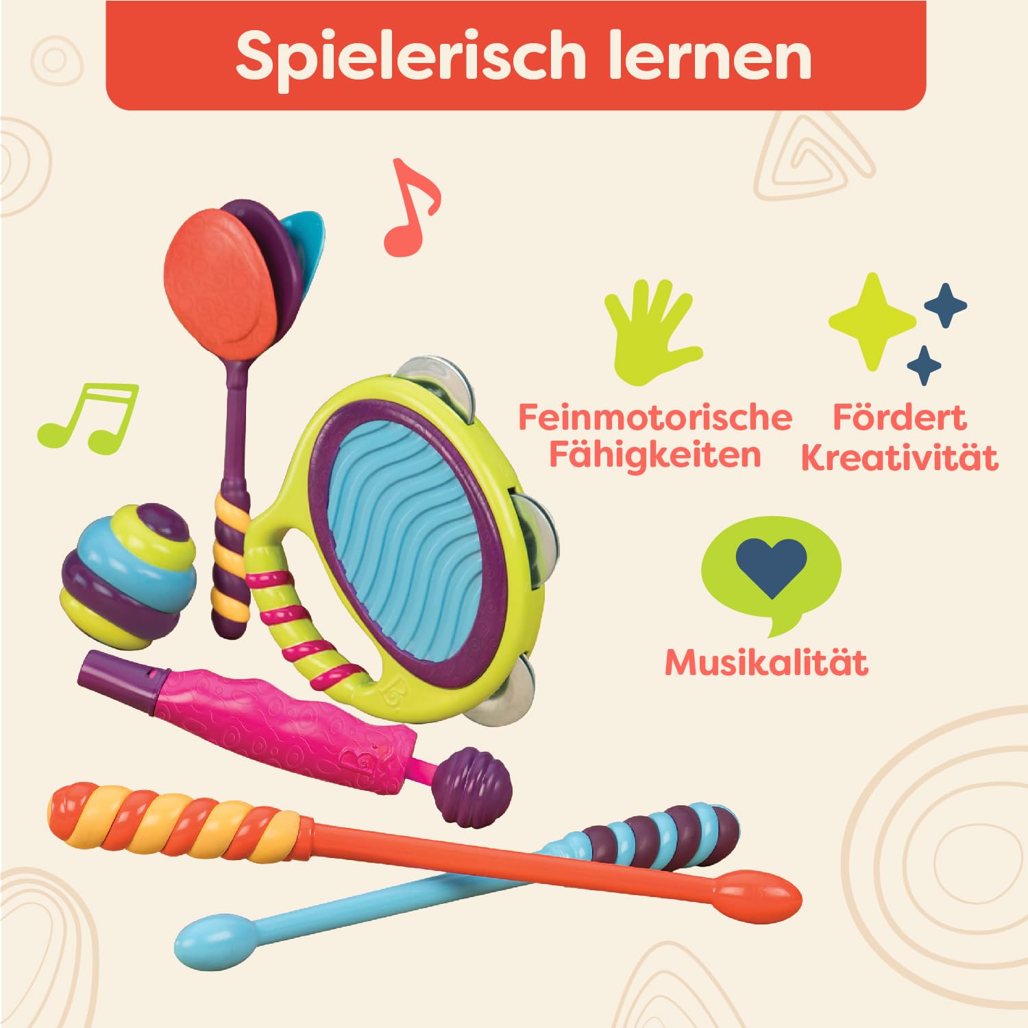 B. toys - Trommelwirbel, Bitte! - Tragbares Schlagzeug - Musikinstrumente für Kinder - Percussion-Spielzeug für Kleinkinder, Kinder - Tamburin, Kastagnetten, Pfeife - 18 Monate +