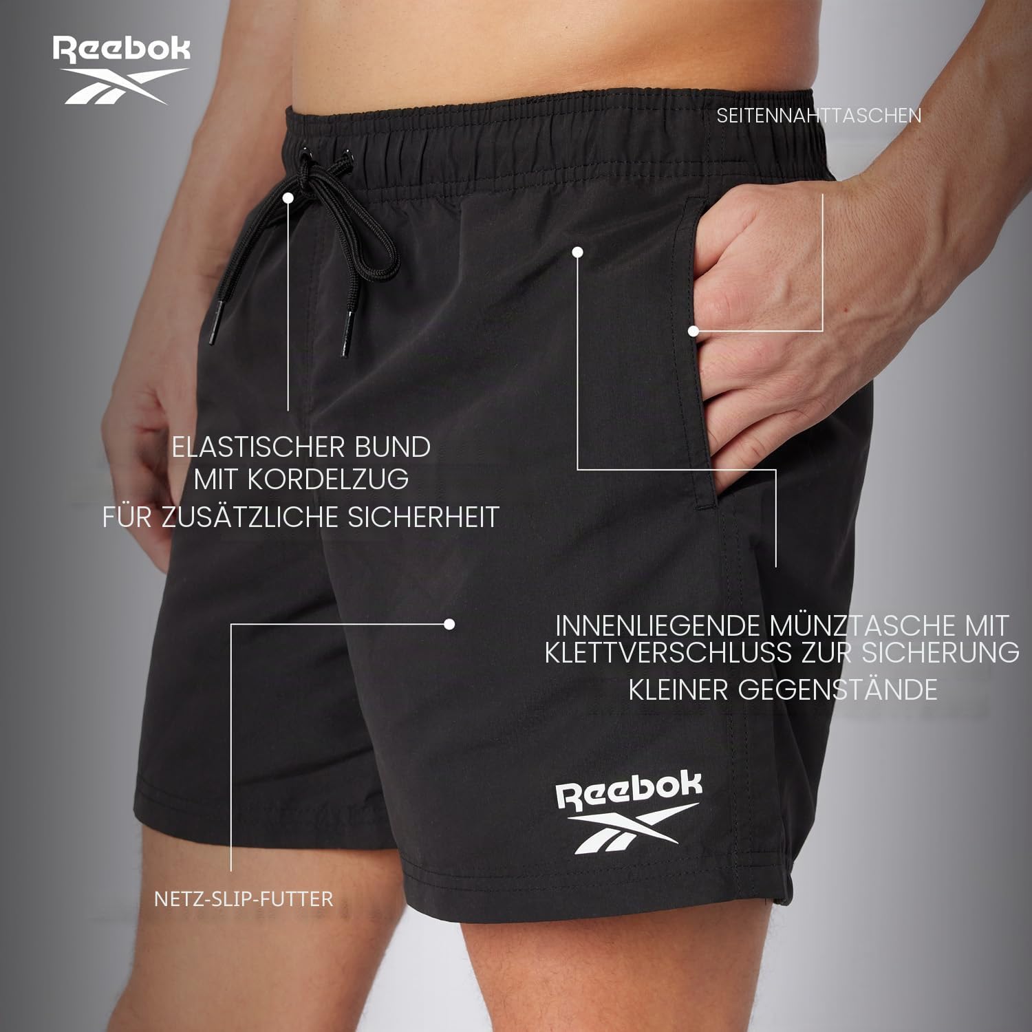 Reebok Yale Herren-Badeshorts | Leichte und atmungsaktive Polyester-Badeshorts, schnelltrocknend | Badehose für Herren zum Schwimmen