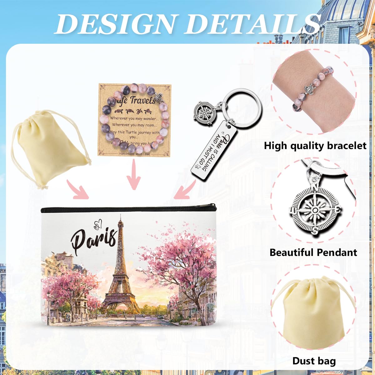 Paris Makeup Bag Gifts for Women, Paris Souvenirs from France, Traval Themed Gifts Set Cosmetic Bag with Bracelet and Keychain, Travel Organizer Toiletry Pouch for Mom Wife Sister Friends