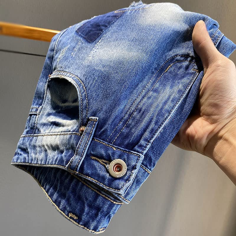 Short en jean patchwork avec détails déchirés denim bleu mince et léger - 5