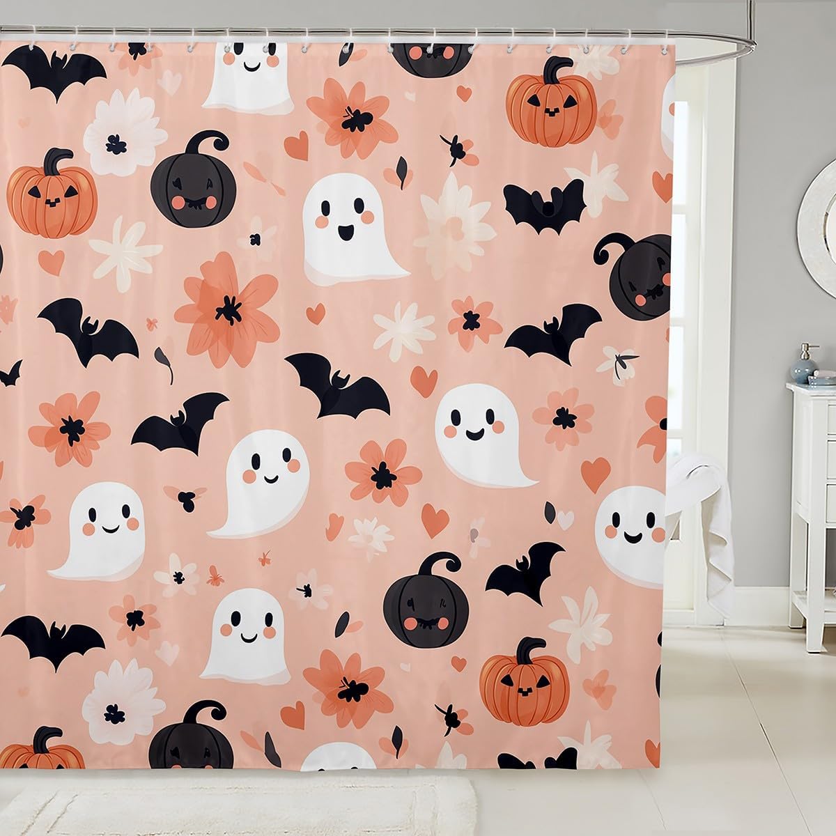 jejeloiu Pink Ghost Shower Curtain for Bathroom Decor 78" L x 72" W Kids Halloween Bat Bath Curtain Spooky Bathroom Accessories Polyester with 12 Hooks