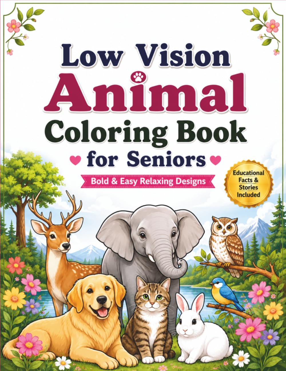 Low Vision Animal Coloring Book for Seniors: Bold & Easy Relaxing Designs with Cute, Realistic and Simple Animals for Stress Relief, Creativity and ... Beginners and Visually Impaired Colorists.