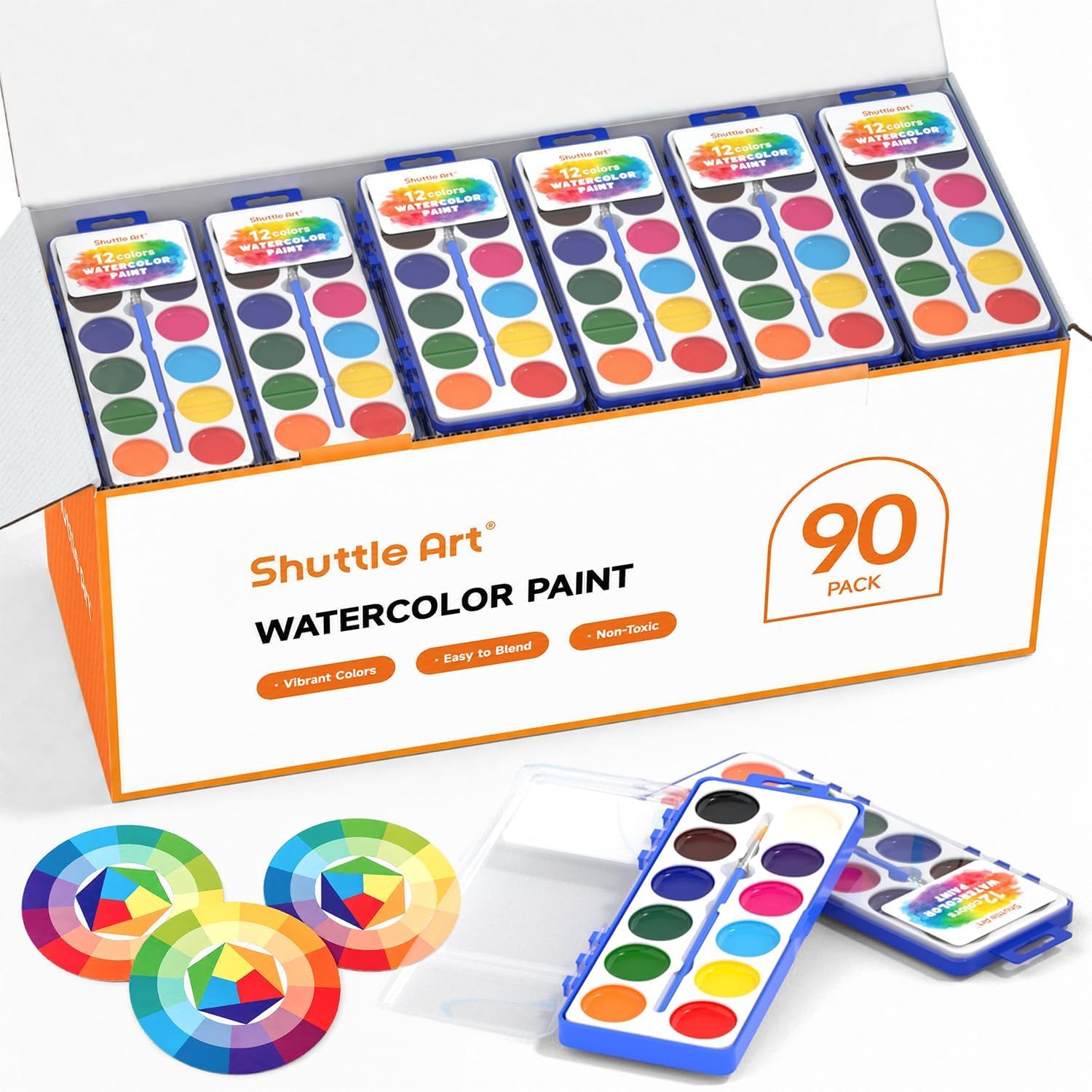 Shuttle Art 90 Pack Watercolor Paint Set Bulk 12 Colors for Kids &amp; Adults