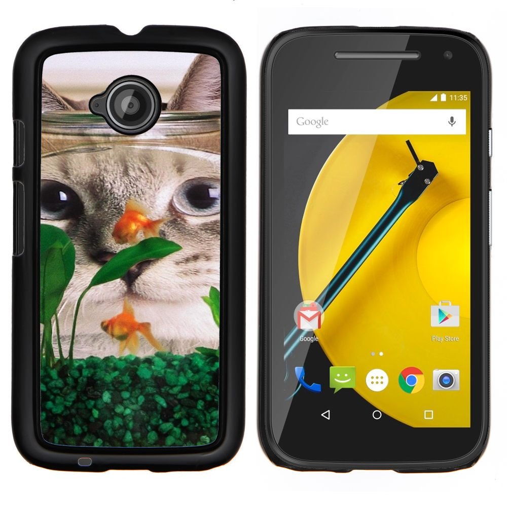Cubierta de la caja de protección para la piel dura ** Motorola Moto E2 E2nd Gen ** --Americano de Pelo Corto Rizo divertido de los pescados del gato