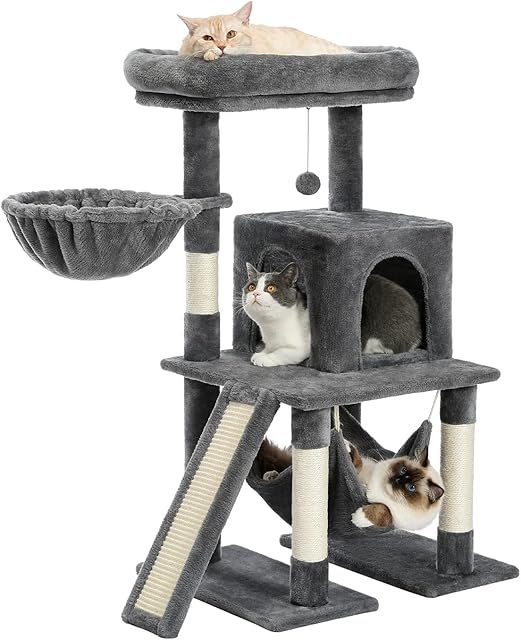 Amazon Brand - Umi Cat Tree for indoor cats Multifunctional Cat Scratching Post and Pad with 35 cm Hammock Sisal Rope Trunk Condo Grey 41.3 inches