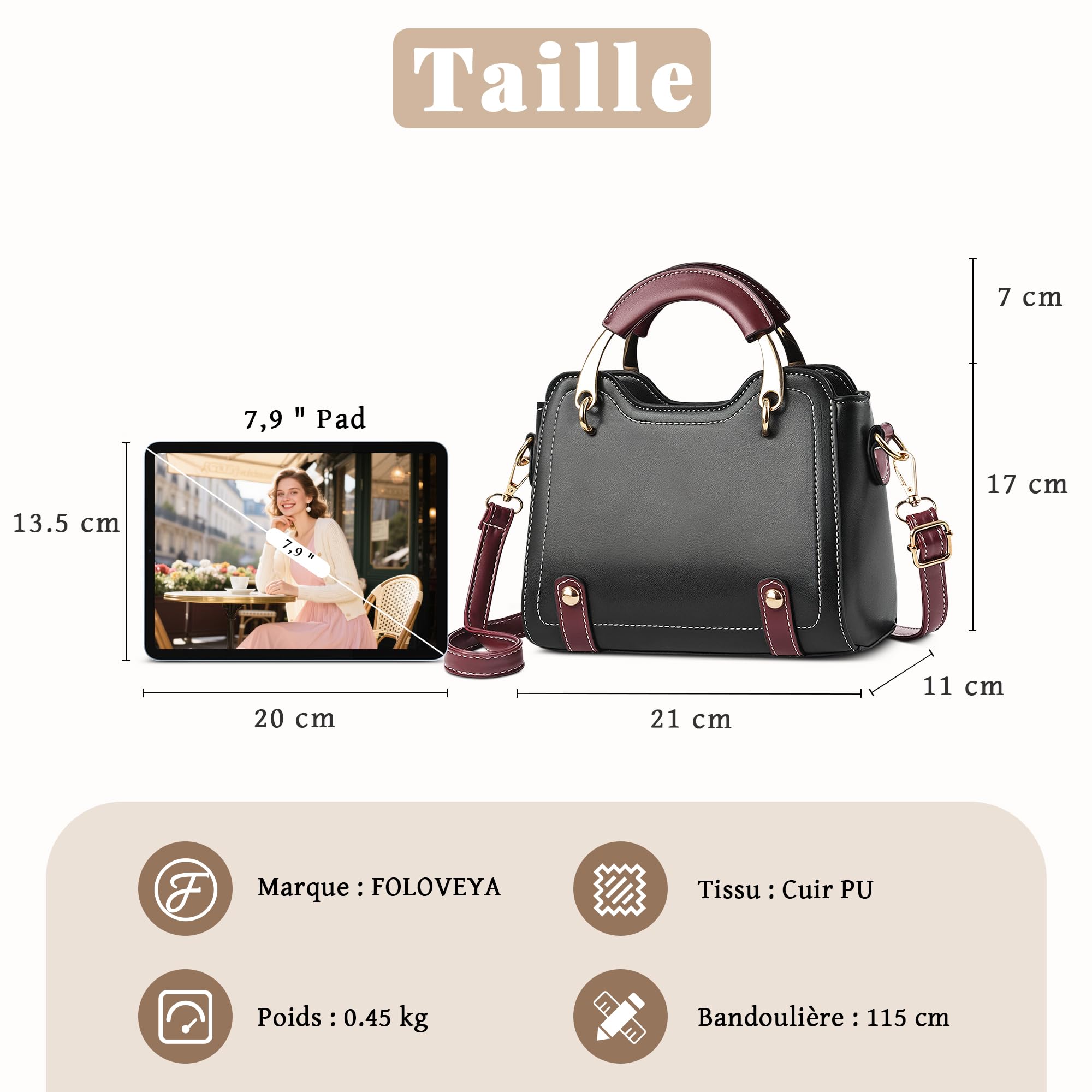 Elégant Sac à Main Petit Femme Sac à Bandoulière Mode Sacoche Cabas Retro Casual Sacs Porté Epaule Cuir PU Sac Fourre-Tout pour Travail Voyage Dating Shopping Noir