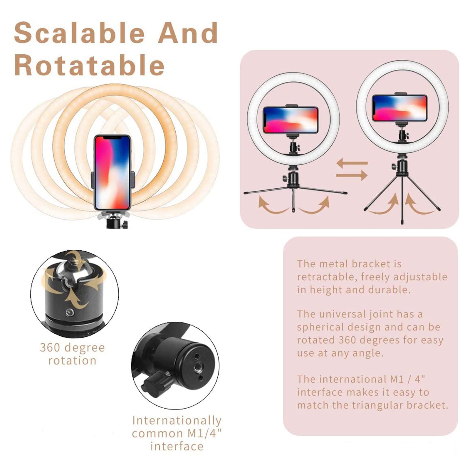 Anello Luminoso a LED da 10" con Supporto per treppiede e Supporto per Telefono per Streaming Live, riprese con 3 modalità di Illuminazione e 10 Livelli di luminosità