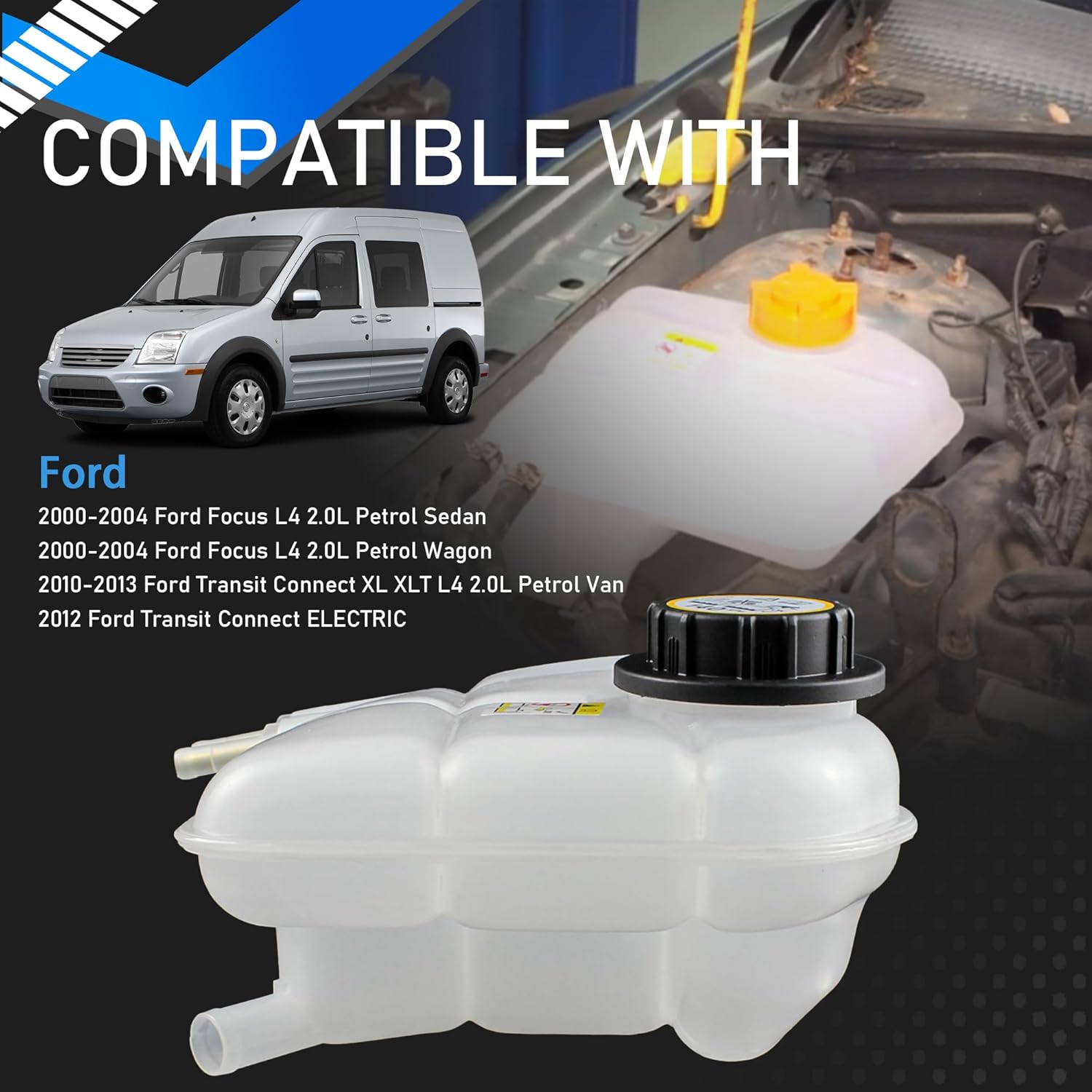 98AB8K218AK Engine Coolant Expansion Reservoir Overflow Tank Compatible With 2000-2004 Ford Focus 2010-2013 Ford Transit Connect 2.0L Expansion Recovery Tank Replaces 98AB-8K218-AK 1104120