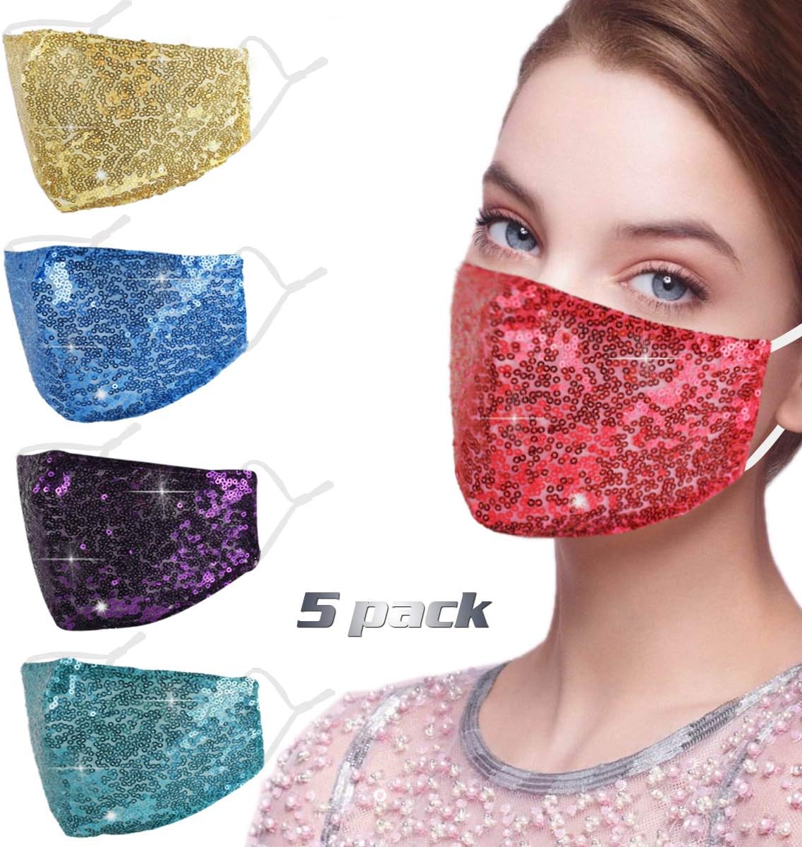 Rhinestone Sequin Bling Face Mask with Adjustable Ear Loops Lanyard Strap Clip for Women,Red Sparkle Glitter Diamond Bedazzled Crystal Decorative Cloth Covering Washable Reusable