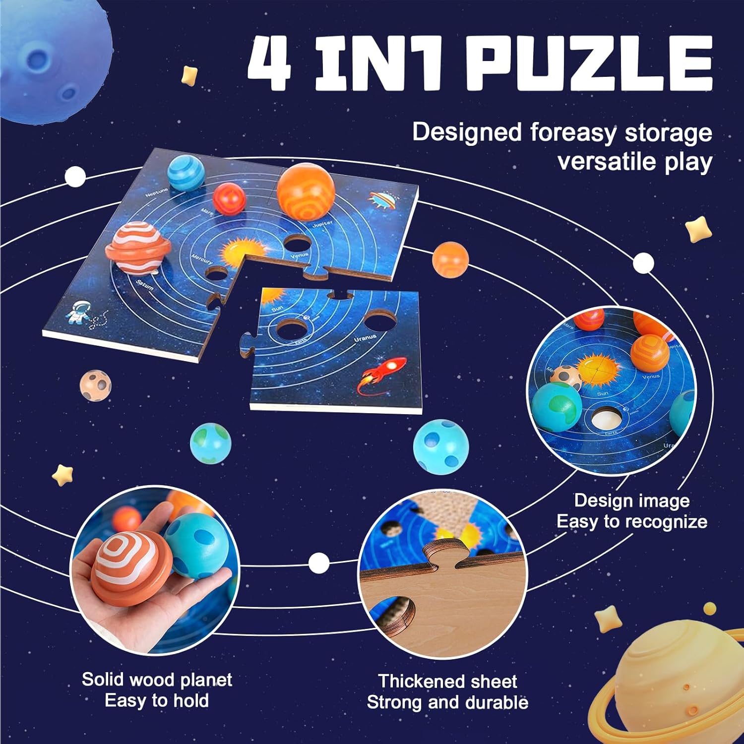 Adena Montessori Wooden Solar System Model Board, Puzzle with 3D Planets Models for 3-6 Year Old Kids, Preschool Science Toys, STEM Toys, Gift for Boys & Girls