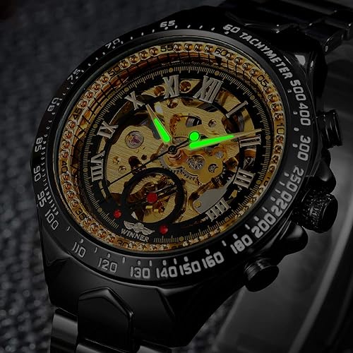 Miniatura 3 de IK COLOURING Reloj de pulsera mecánico de acero inoxidable con diseño steampunk, de cuerda automática con números romanos, Mecánico, cuerda