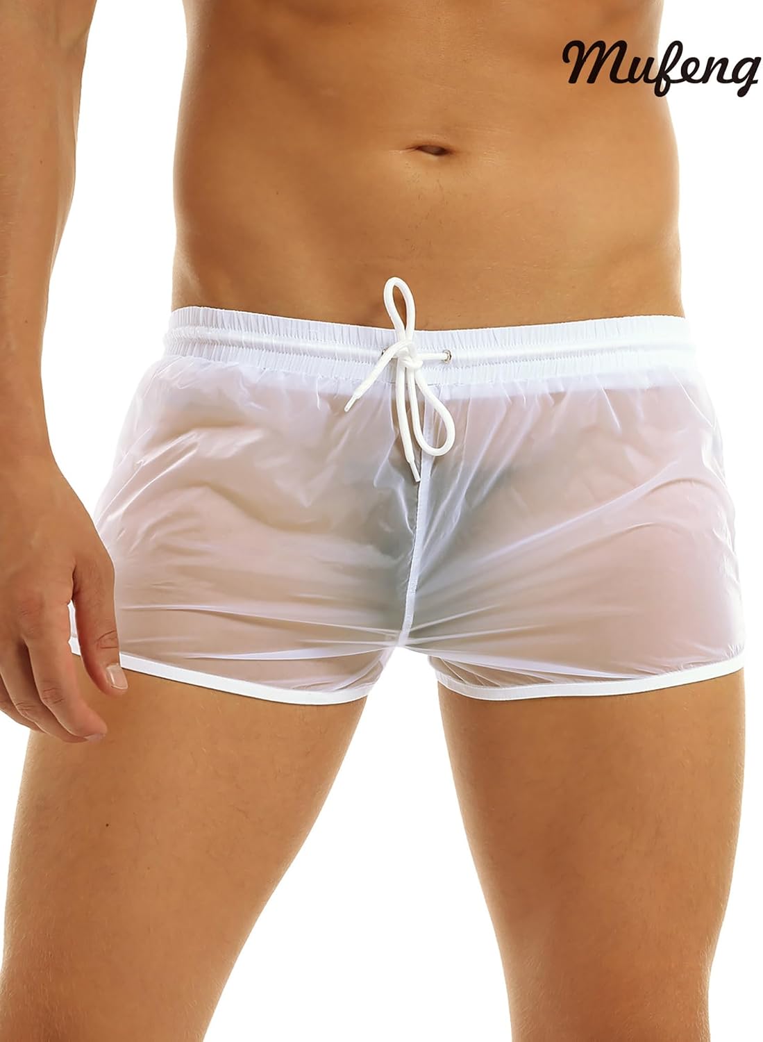 Mufeng Men's Drawstring Boxer Briefs Mesh Sheer Boyleg Short Trunks Underwear Panties