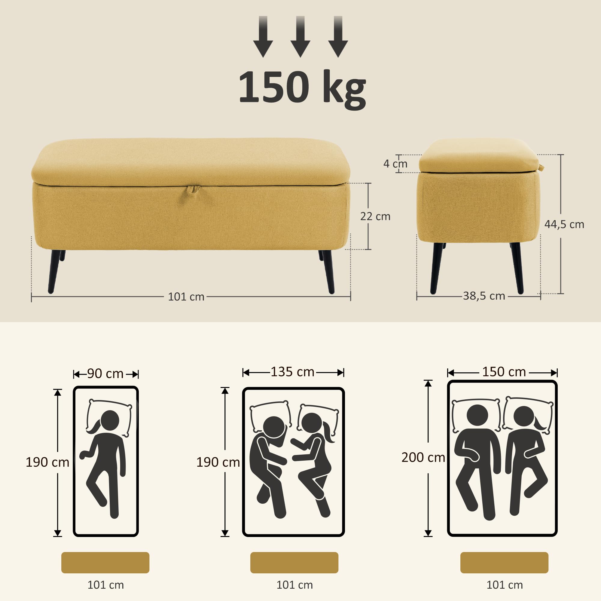 HOMCOM Sitzbank mit Stauraum, Polsterbank mit Leinenoptik, Sitztruhe mit Stahlbeine, Truhenbank für Wohnzimmer, Flur, Schlafzimmer, Bettbank bis 150 kg belastbar, 101 x 38,5 x 44,5 cm, Gelb