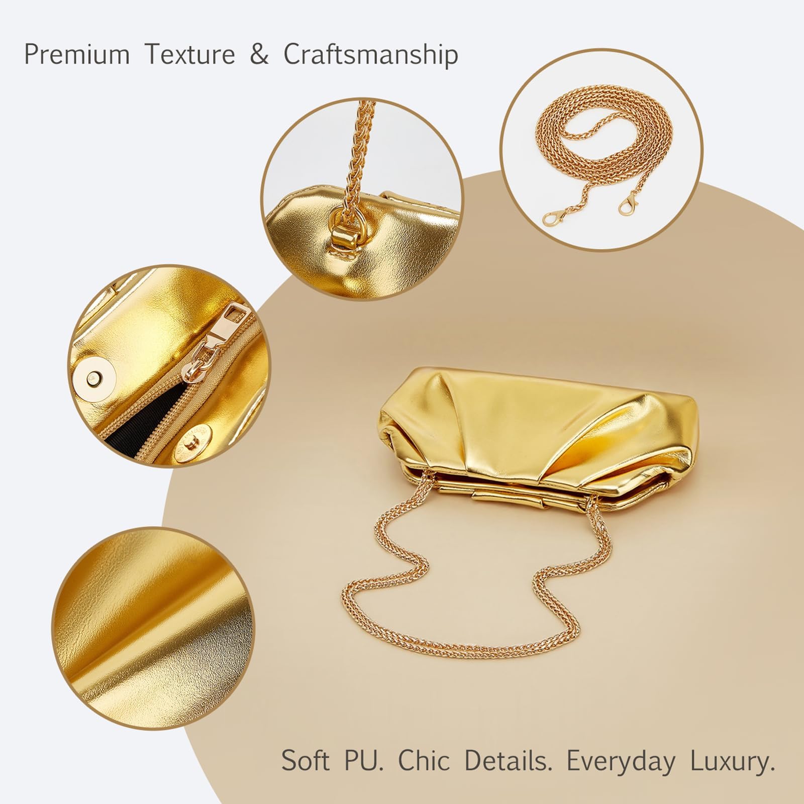 Elegante Abendtasche Damen Gold, Plissee Clutch Tasche aus PU Leder mit Abnehmbarer Kette, Goldene Handtasche für Hochzeit, Party oder Abendessen, Stilvolle Damen-Clutch mit Kreatives Design
