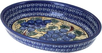 Blue Rose Polish Pottery - Blue Grapes Small Oval Baker - 11" x 7.5" - Unique, Dishwasher Safe, Durable Bakeware