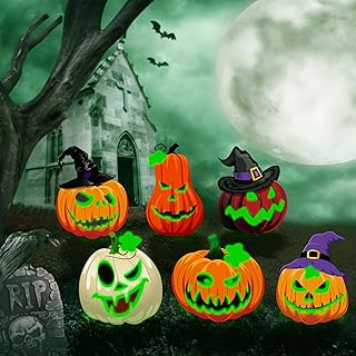 6 Pack 16 Inch Halloween Decoration Outdoor Fluorescence Halloween Pumpkin Yard Signs with Stakes Spooky Faces and Witch's Hat Lawn Signs Scary Front Yard Decor for Halloween Holiday Party Decor