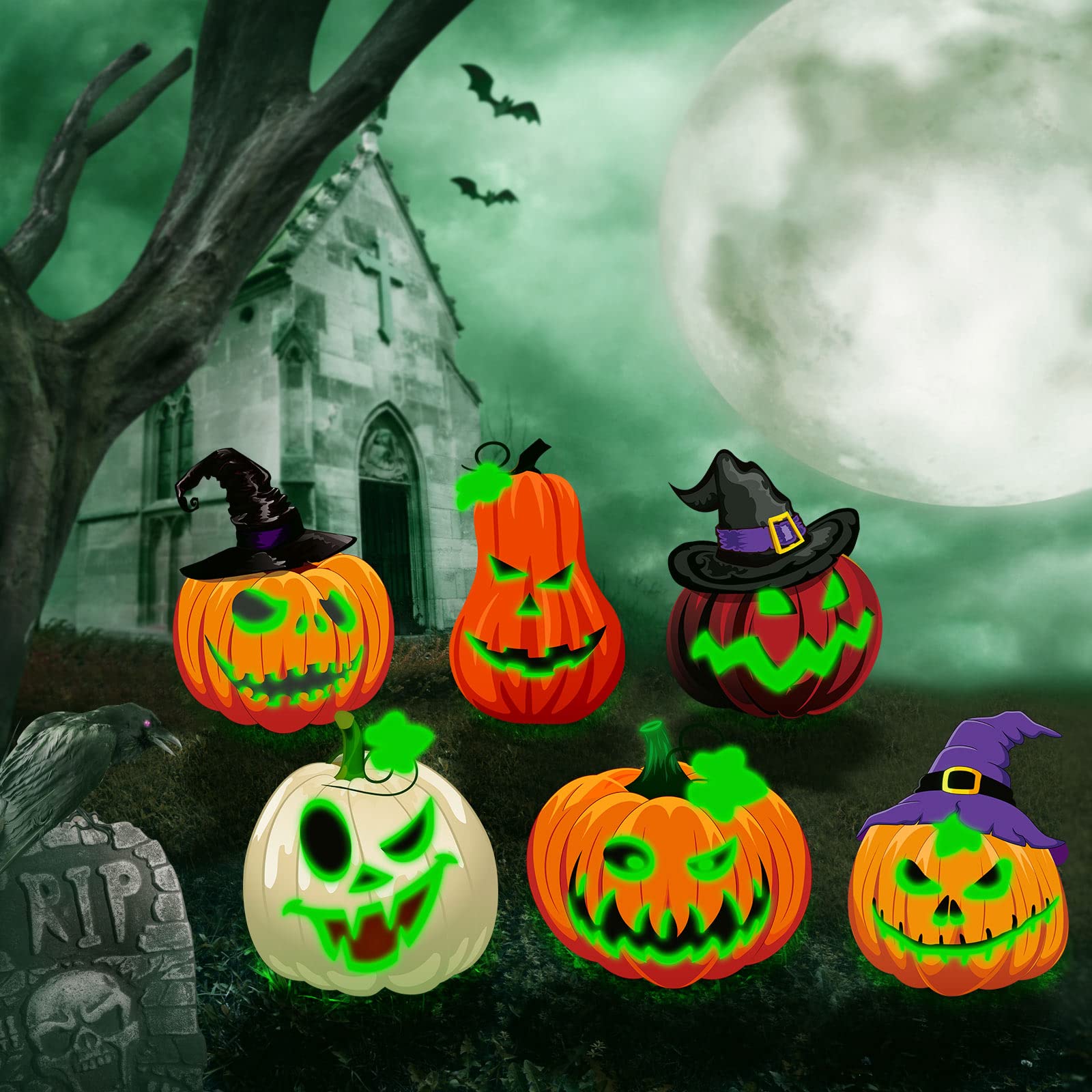 6 Pack Halloween Decoration Outdoor Fluorescence Halloween Pumpkin Yard Signs with Stakes Spooky Faces and Witch's Hat Lawn Signs Scary Front Yard Plastic Decor for Holiday Party Supplies,16 Inch