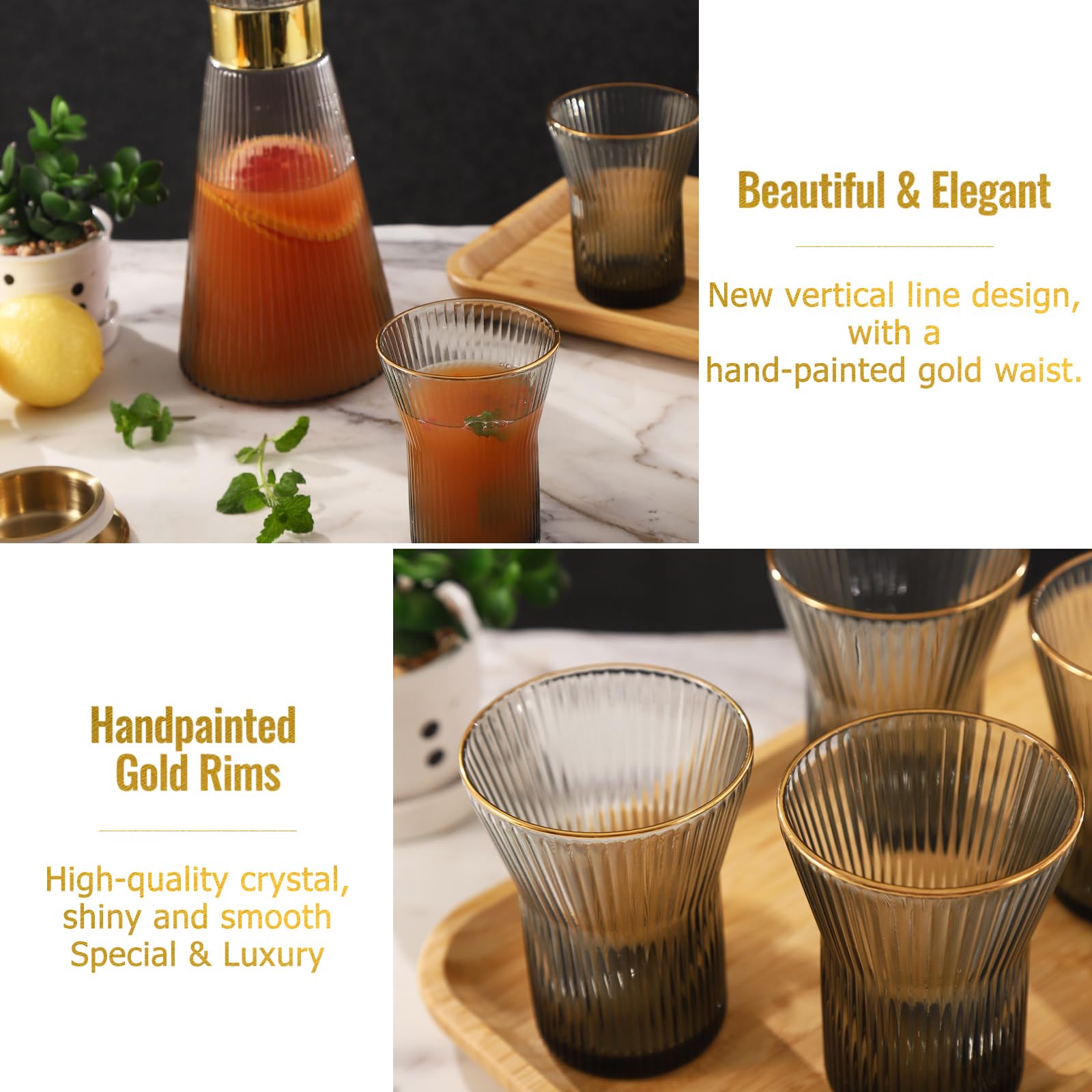 DUJUST Geripptes schwarzes Glaskaraffen-Set, elegante Wasserkaraffen mit Golddekor, 1 Kristallglaskaraffe mit goldenem Deckel (1,247.4 g), 4 Tassen & 1 Tablett, mit verdicktem Boden