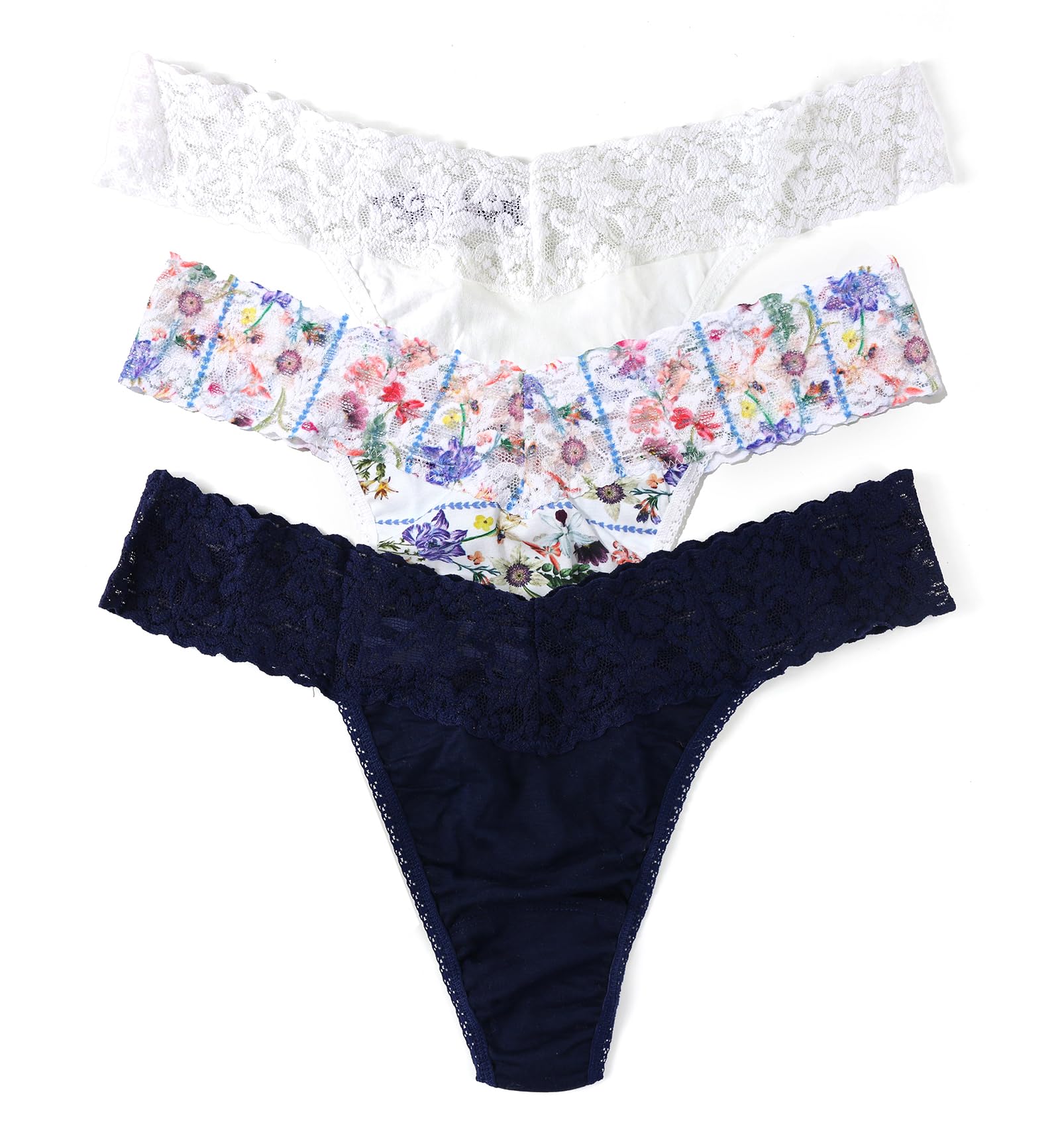 Hanky Panky Womens Cotton and Lace Original Rise Thong 3 Pack White Flower Crown Navy One Size