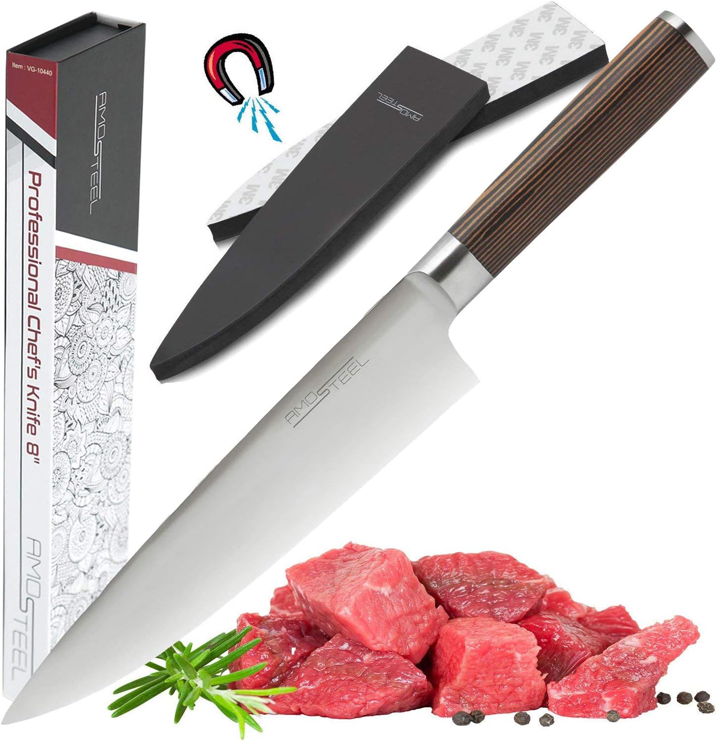 Premium Chef Knife Japanese Style 8 Inch - Multipurpose Balanced Ultra Sharp Professional Carbon Stainless Steel GERMAN Blade Ergonomic Wood Handle Wasabi Knife Set + Magnetic Holder by Amosteel