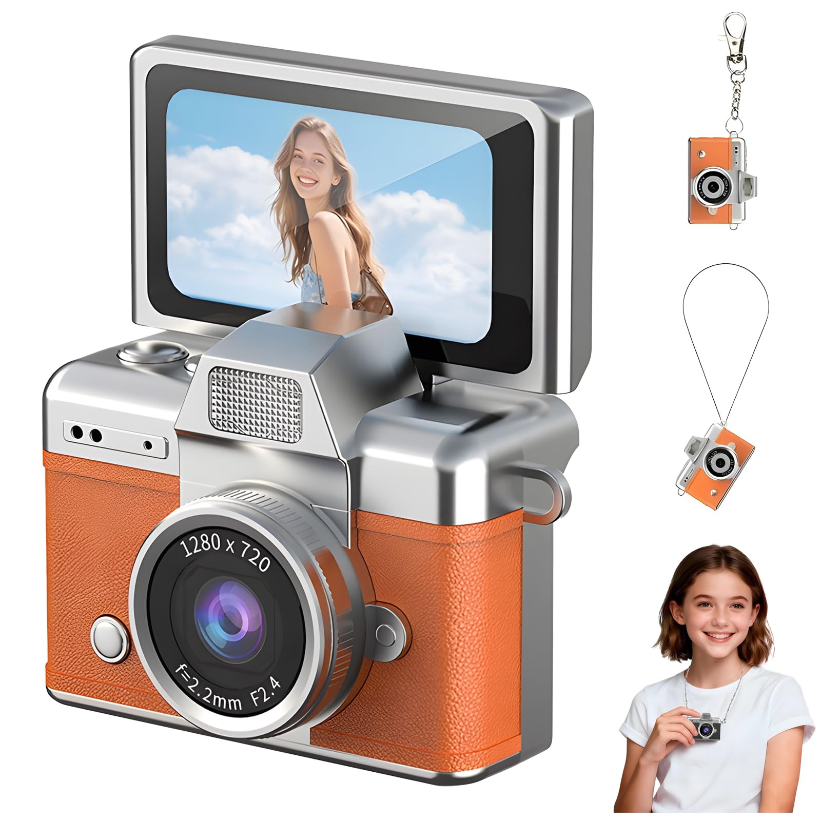 Mini Digital Camera with 1.47 in LCD Screen, 1080P Flip Screen Ultra-Compact Tiny Camera, Mini Keychain Camera, for Kids &amp; Adults, Collectible Gift for Travel, Birthdays &amp; Stocking Stuffers (Orange)