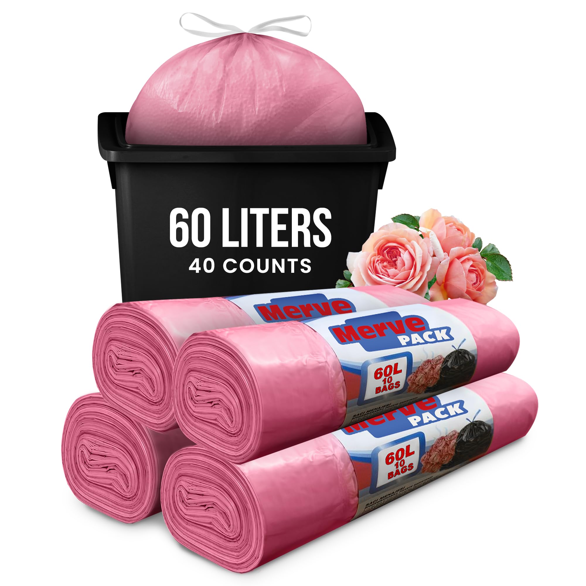 60L Bin Bags Rose (40 Bags) – Strong Scented 60L Bin Liners for Kitchen & Bathroom Bins, Small Garbage Bags, Rubbish Bags, Trash Bags, Swing Bin Liners, Pedal Bin Bags for Everyday Waste