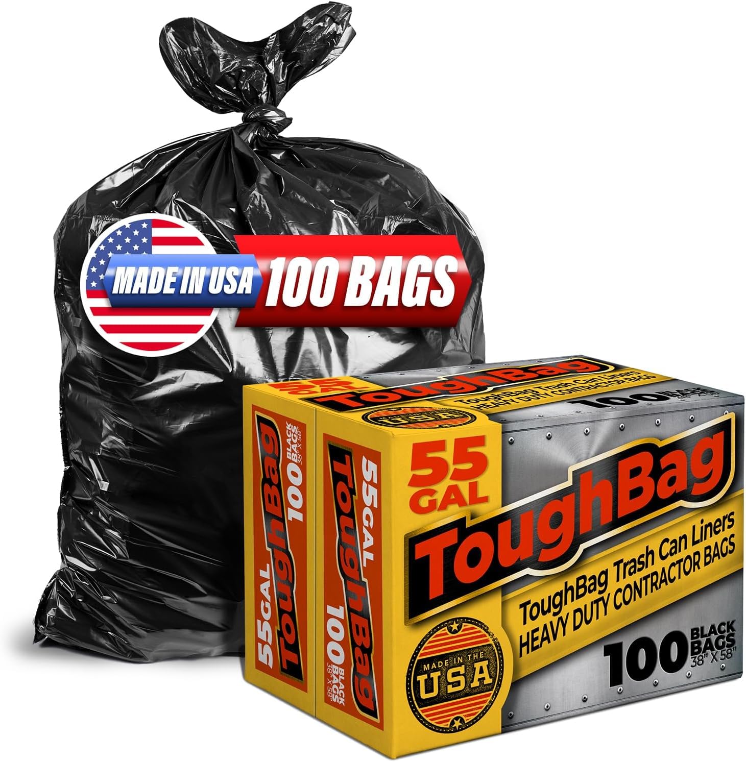 ToughBag 55 Gallon Trash Bags Heavy Duty (100 Count) - 50-60 Gallon Black Garbage Bags, Large Trash Bags - 38 x 58" - Made in USA
