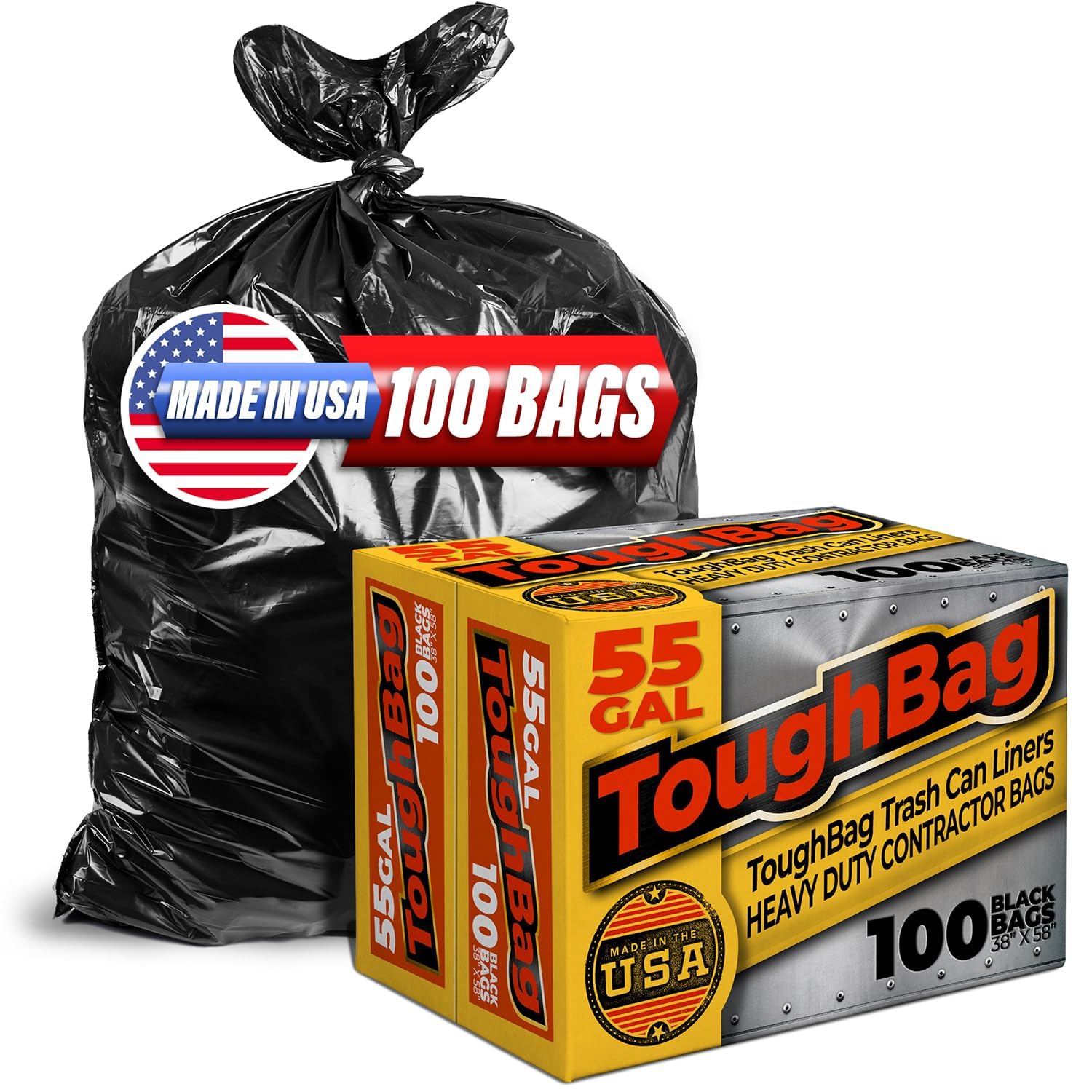 ToughBag 55 Gallon Trash Bags Heavy Duty (100 Count) - 50-60 Gallon Black Garbage Bags, Large Trash Bags - 38 x 58" - Made in USA
