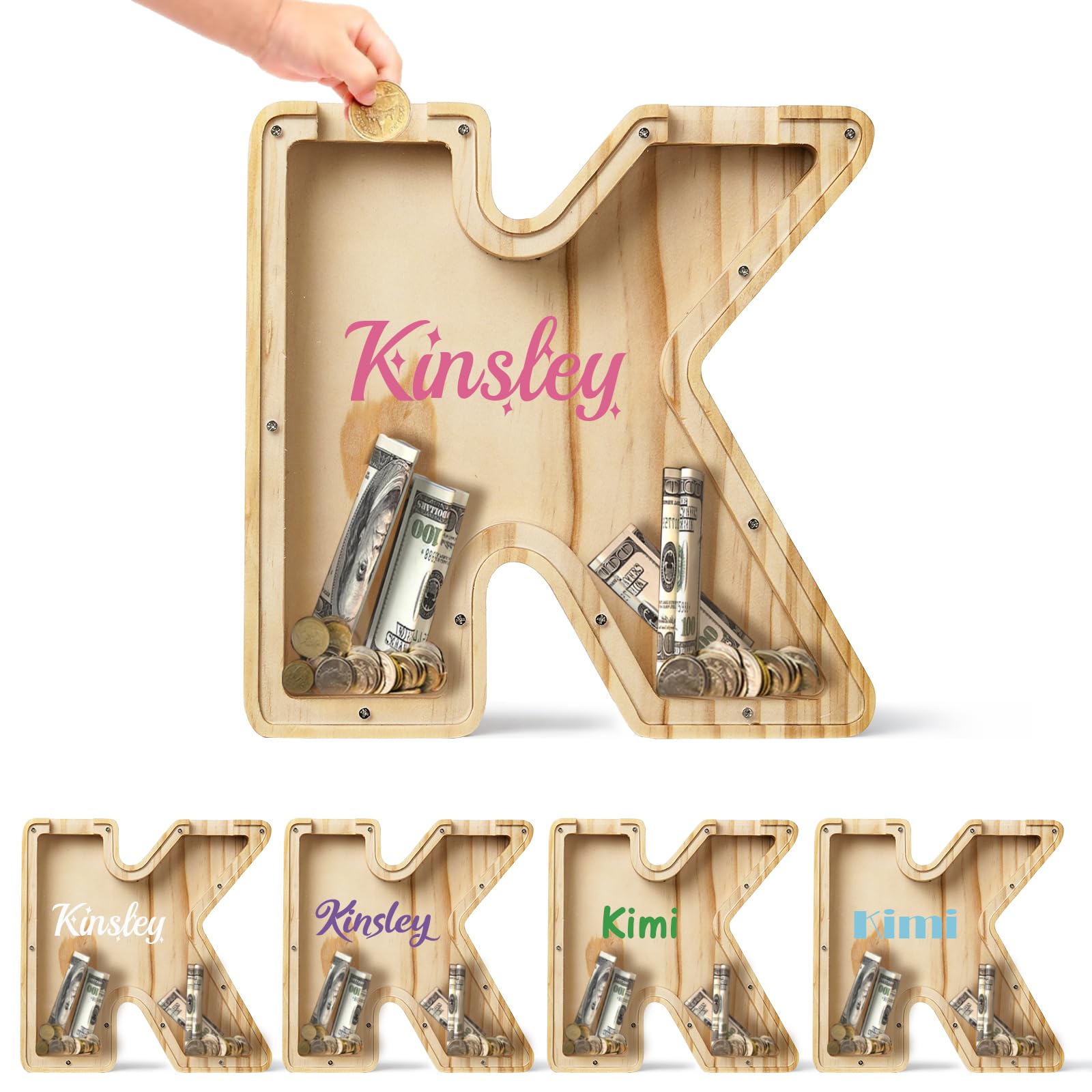 Bemaystar Personalised Letter-Money-Box for Kids，Wooden Initial Letters Piggy-Bank，Money Box for Boys Girls, Personalised Gifts for Kids(K)