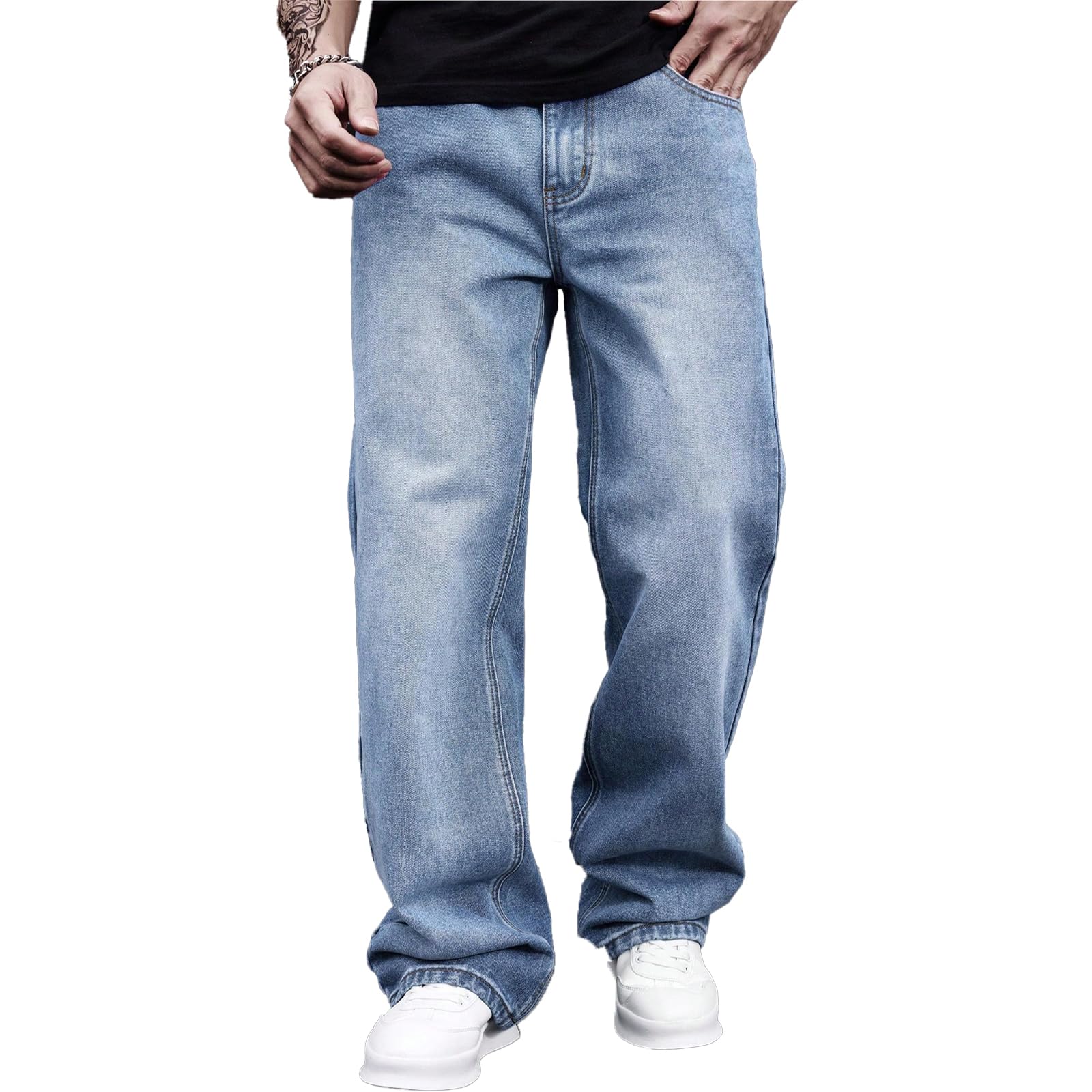 Mens Classic Jeans Relaxed Fit Jeans - Straight Leg Stretch Denim Pants with Comfort Flex Waist