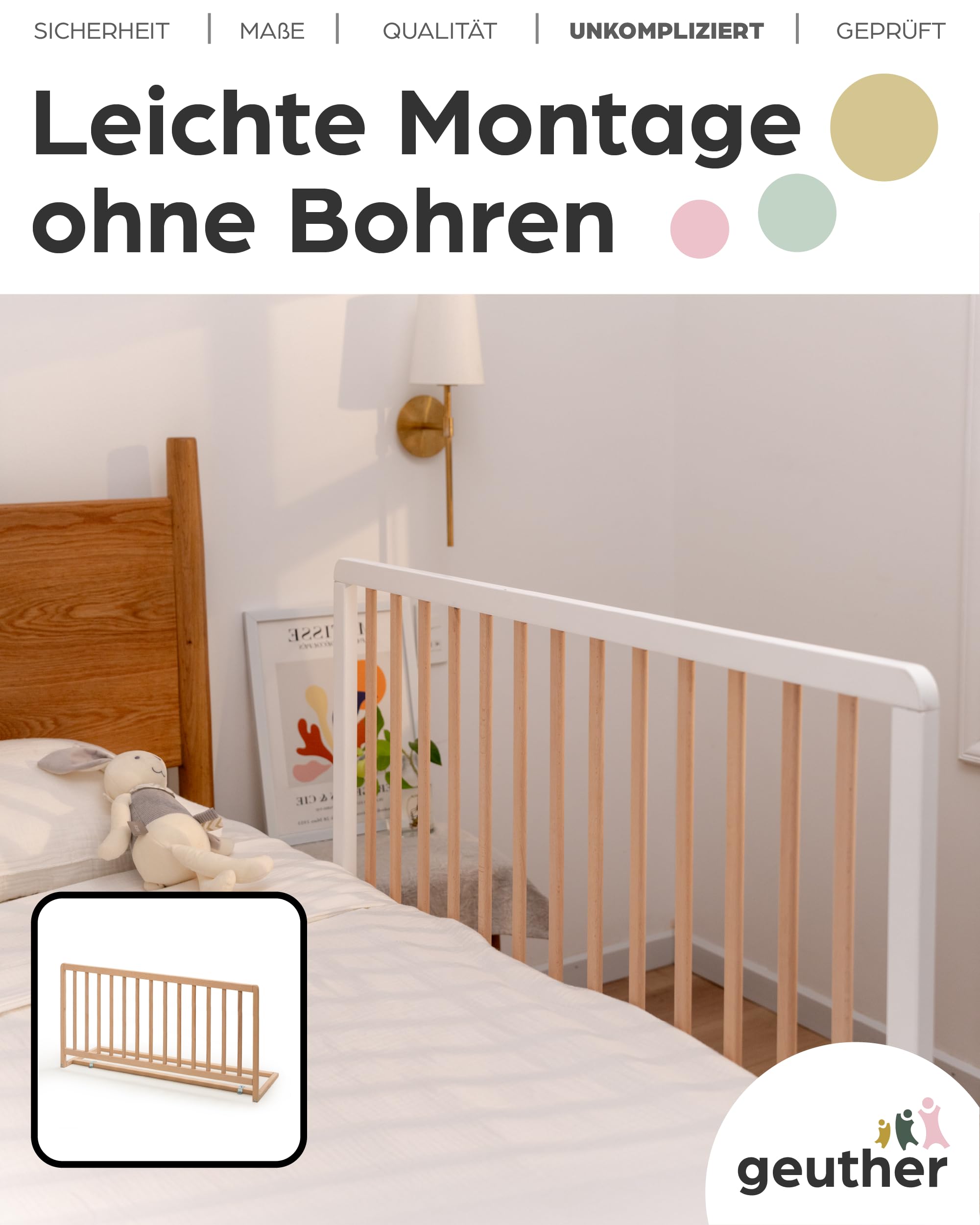 Geuther Bettschutzgitter Holz | Idealer Rausfallschutz Boxspringbett, extra hoch | Rausfallschutz Bett für Kinder | Bettgitter, Absturzsicherung Bett | Bett Rausfallschutz Kinder in 110cm Länge, Natur