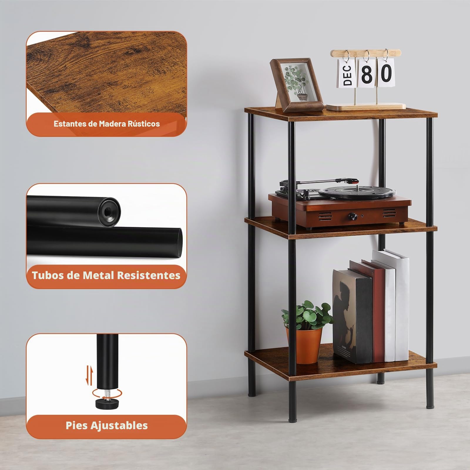 Mesa de Centro Alta con 3 Niveles y Gran Capacidad de Almacenamiento - para Salón y Espacios Pequeños (76 cm) - Estantería Multiusos de Salón/Dormitorio en Estilo Industrial de Madera y Metal