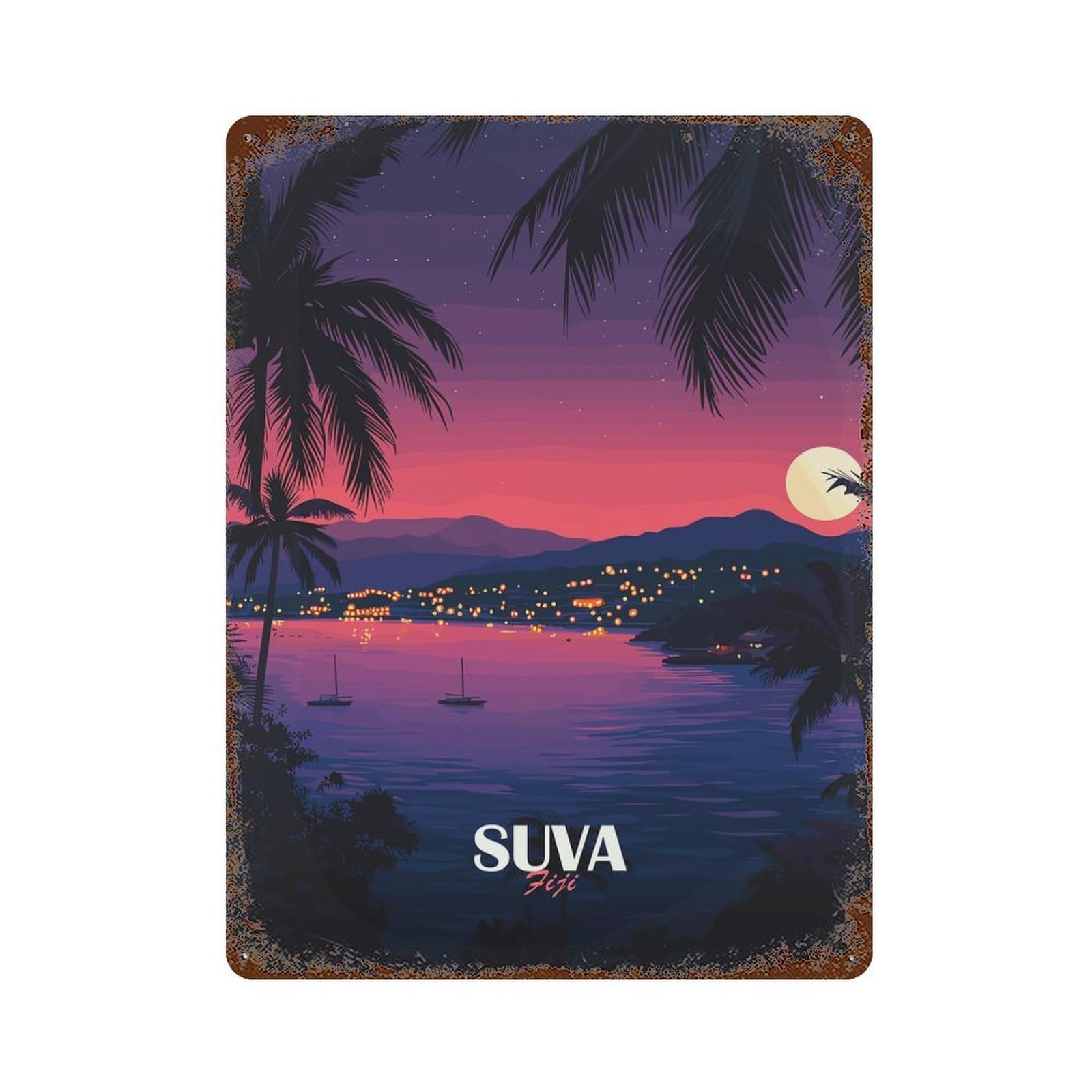 Suva Fiji Tropical Nightscape Illustration Rust Effect Tin Sign 15.7"x11.8", Farmhouse Wall Decor for Farmhouse, Kitchen And Entryway Decor