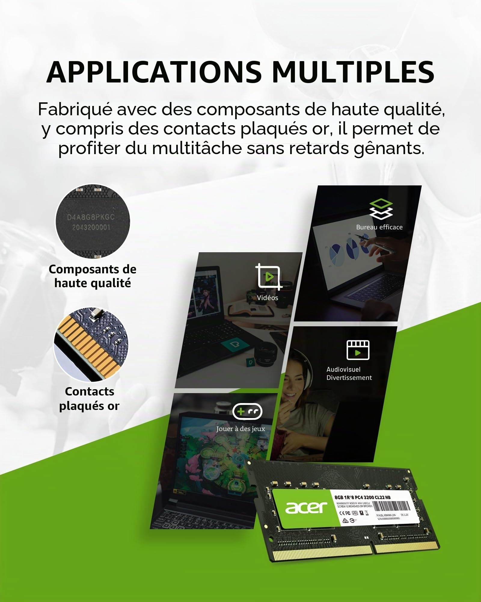 Acer SD100 DDR4 8go SODIMM 3200 MHz CL22 - RAM 260 Broches pour Ordinateur Module mémoire Basse Tension - Mémoire vive pour PC Portable et Notebook (unité Simple)