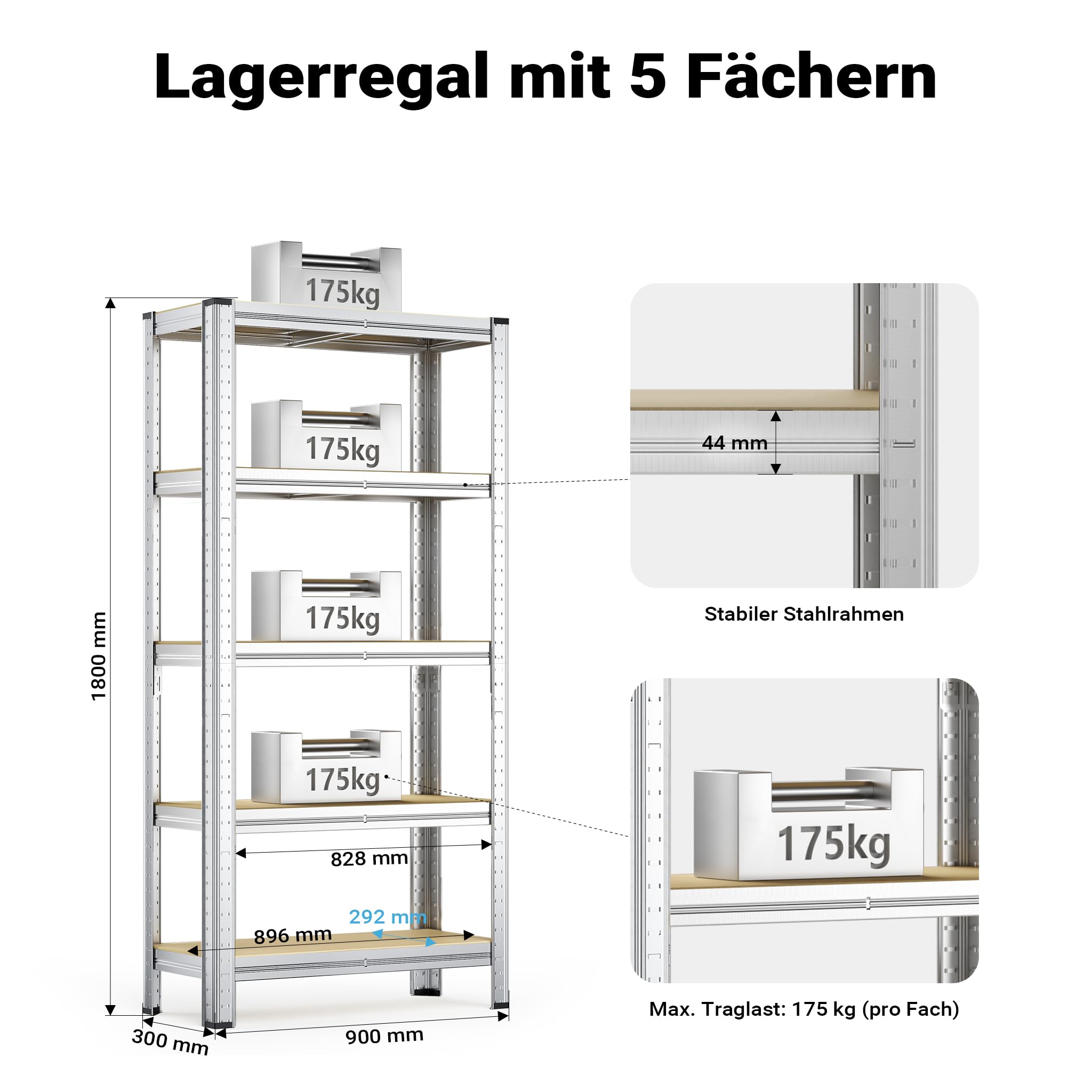 Wiltec Schwerlastregal 180x90x30cm, Gesamtlast 875kg, Steckregal verzinkt aus Stahl, Lastenregal mit 5 Ablagen, Werkstattregal